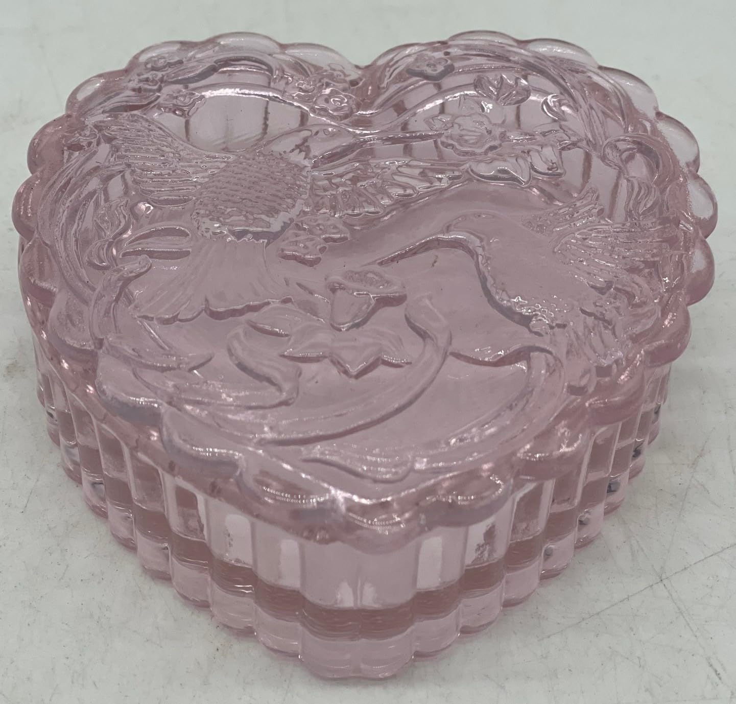 Heart Box - Covered Candy Dish - American Made - Mosser Glass USA (Pink w/Hummingbird)
