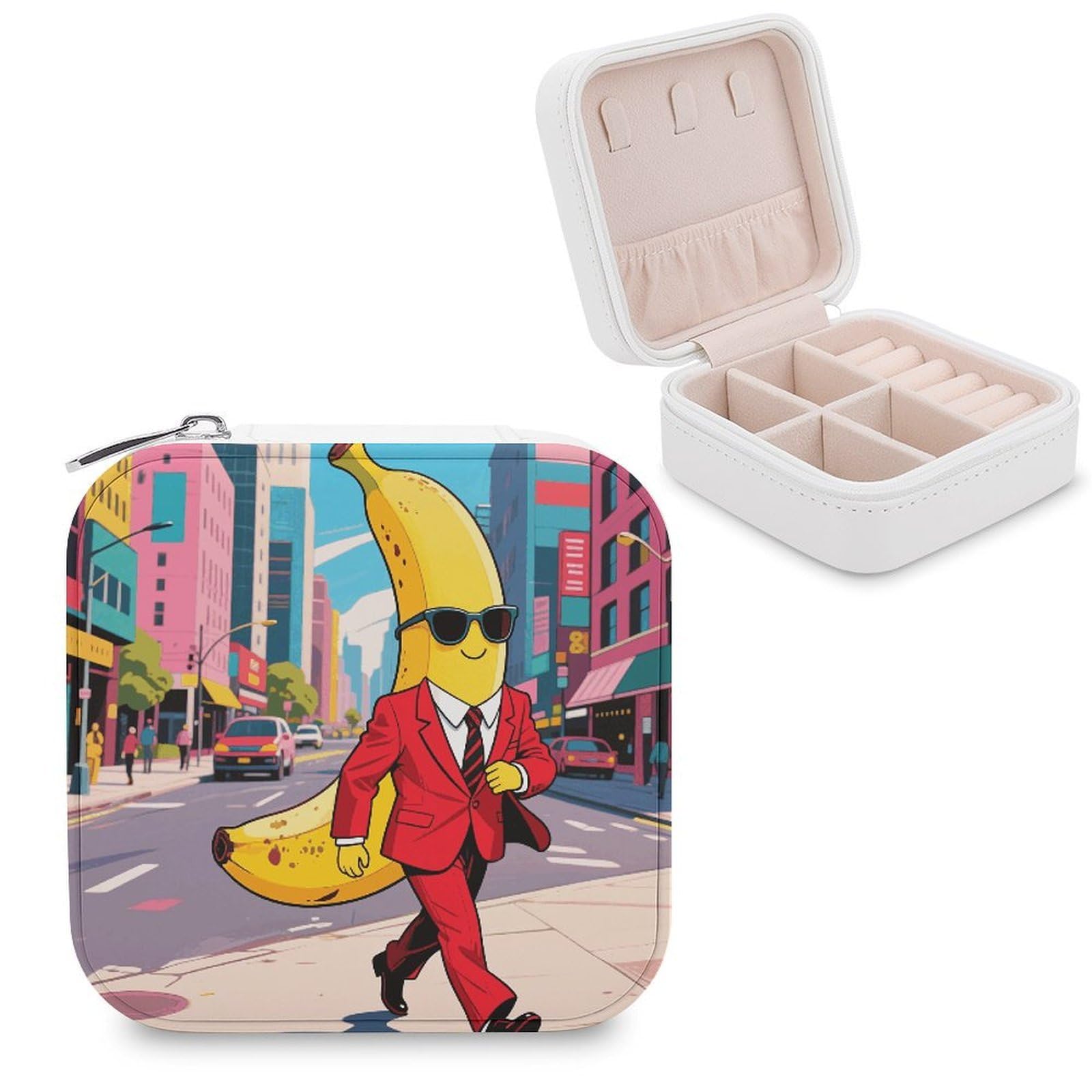 VstaDank Banana Man Jewelry Box for Women Jewelry Organizer Storage Case with Zipper Mini Travel Jewelry Case Cute Trinket Organizer Leather Portable Jewelry Storage Box