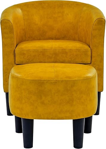 Miniatura 8 de Silla de barril de cuero con juego otomano, sillas decorativas de piel sintética con diseño otomano y centro copetudo, moderno sillón tapizado con