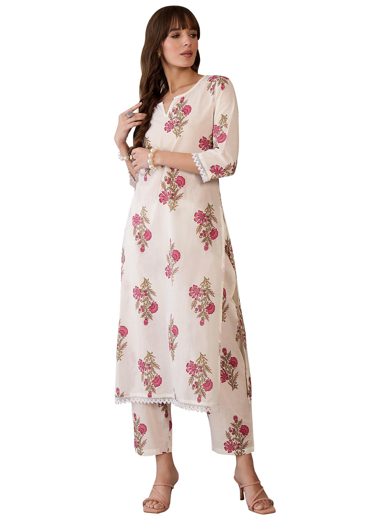 indo era Women's Straight Pure Cotton Floral Printed Kurta & Pant Set (IESTR10041)-picture-17