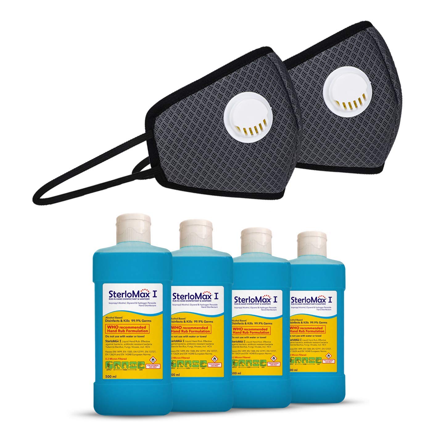 SterloMax Isopropyl based Sanitizer I-75 - 4 Pack x 500 ml Sanitizer with 2xFree Fresh Filter 6 Ply Anti-Pollution Reusable Valved Outdoor Masks