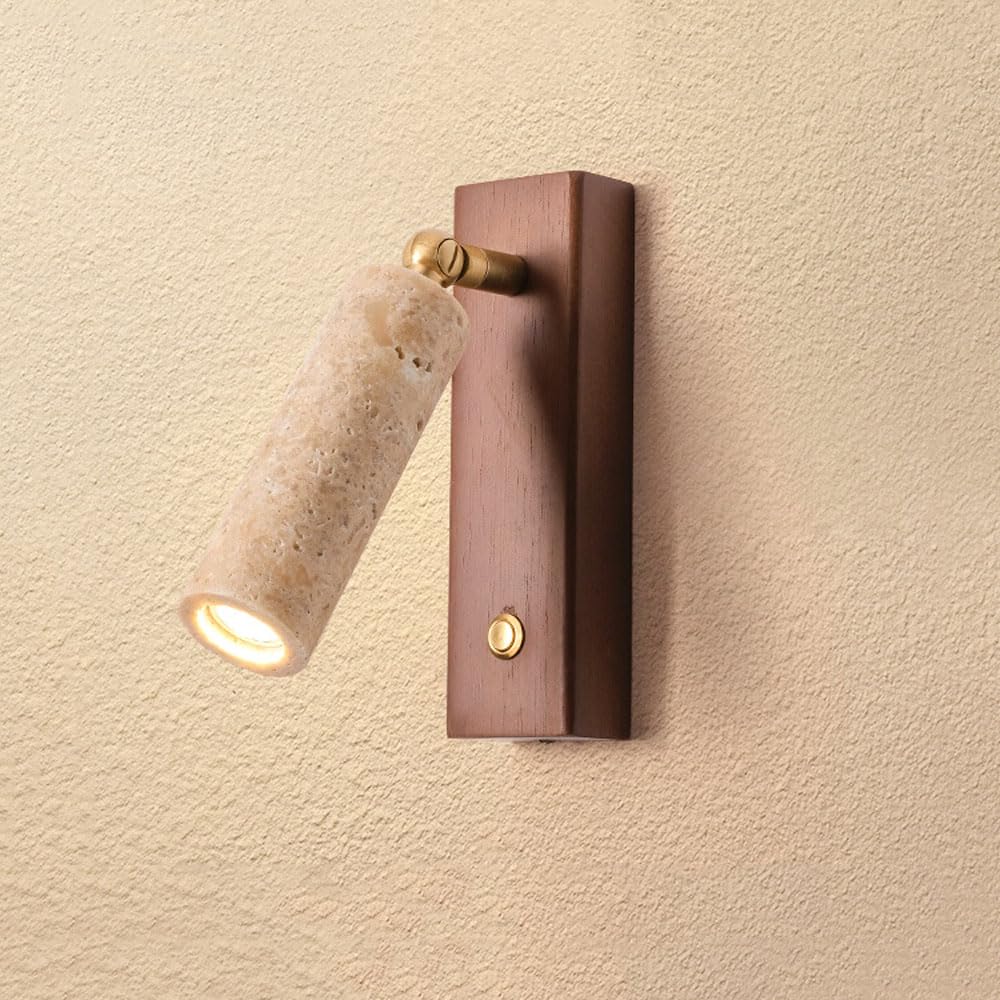 HUAYUSEDF Mid Century Farmhouse Wood Wall Sconce Modern Natural Stone Light Fixture Bedroom Reading Vintage Yellow Travertine Indoor Mounted Lamp for Bedside Living Room Study