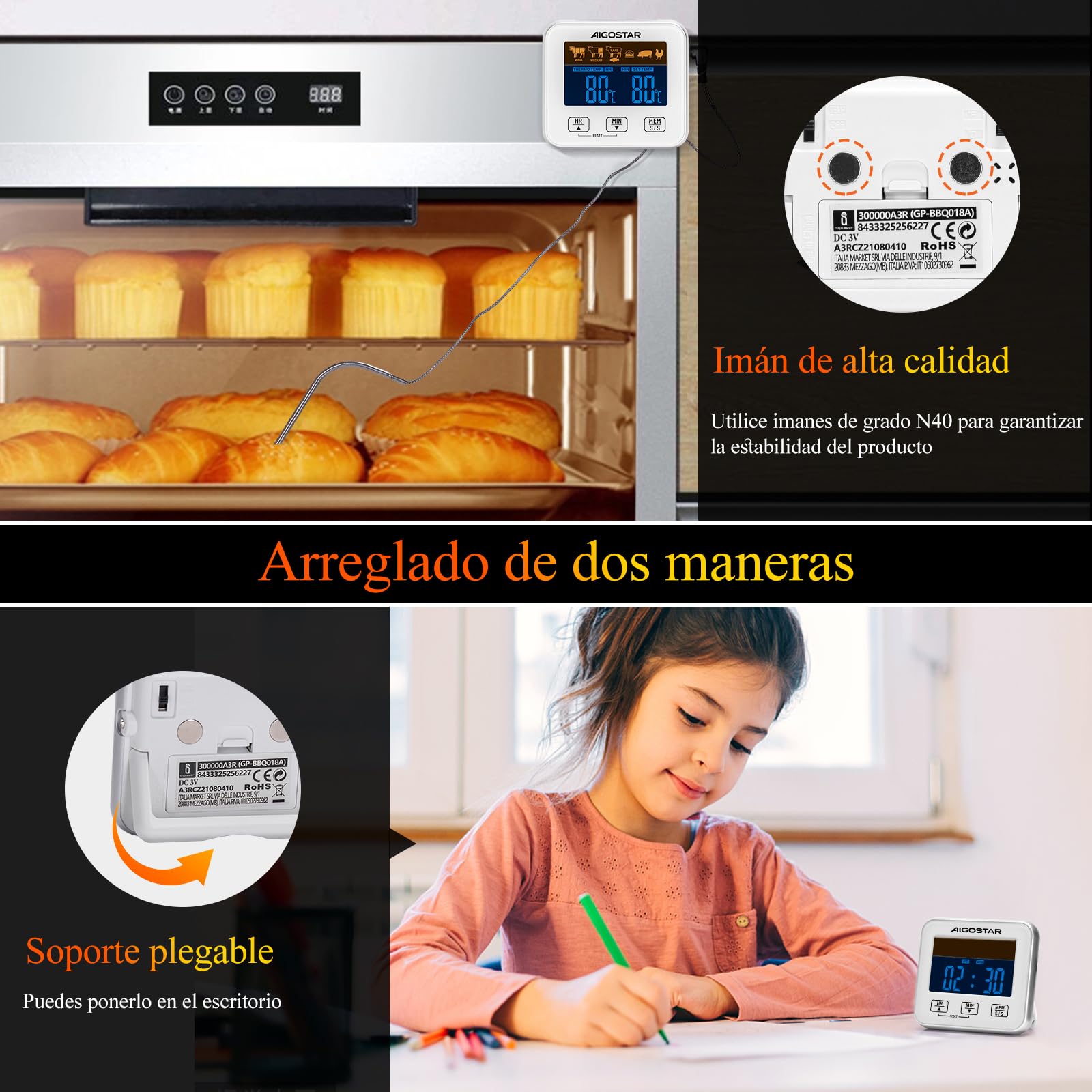 Aigostar Elliott - Termometro Cocina/Temporizador Cocina, Termómetro Digital de Cocina con Sonda y Temperatura Programable; Pantalla LCD, Objetivo con Alarma, Imanes de Fijación Para Horno.