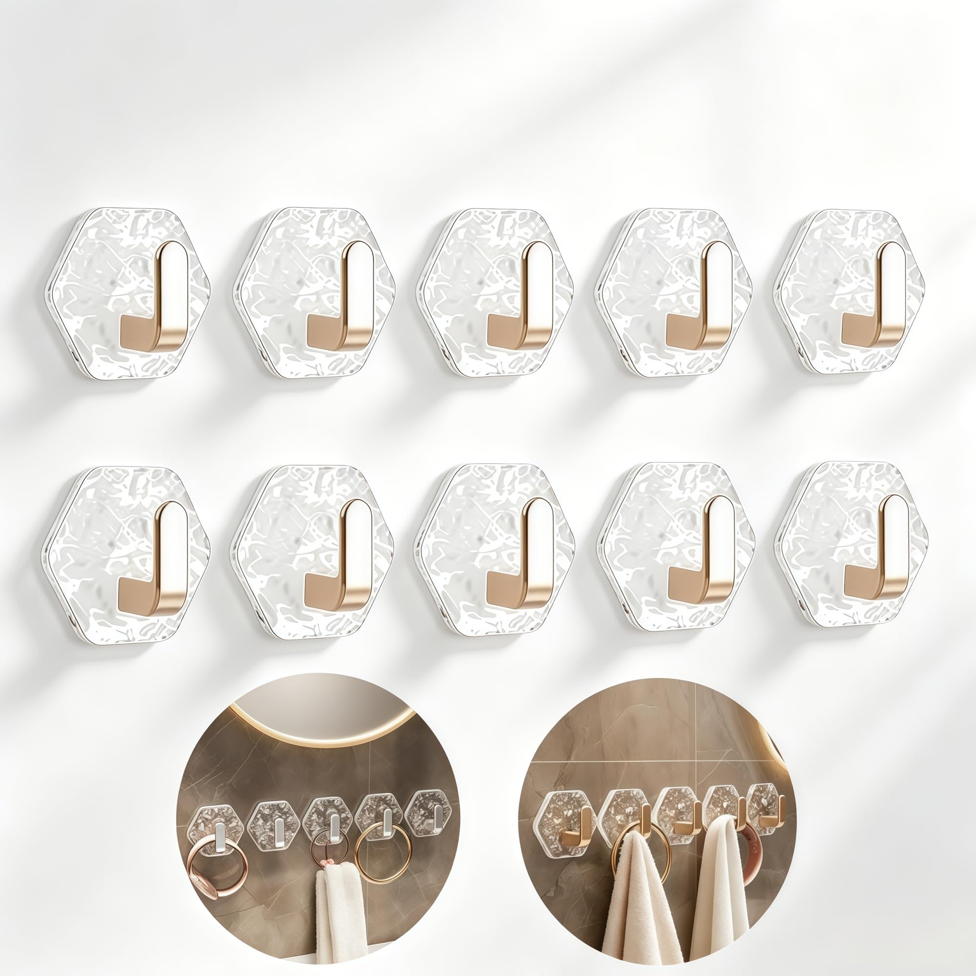 SJPMHYQ Water Ripple Hexagonal Self Adhesive Hooks No Drill Waterproof Wall Hooks for Bathroom Kitchen Heavy Duty Towel Key Holder(10PCS)