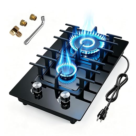 12 Inch Gas Cooktop 2 Burner, Black Tempered Glass Gas Hob Propane Cooktop