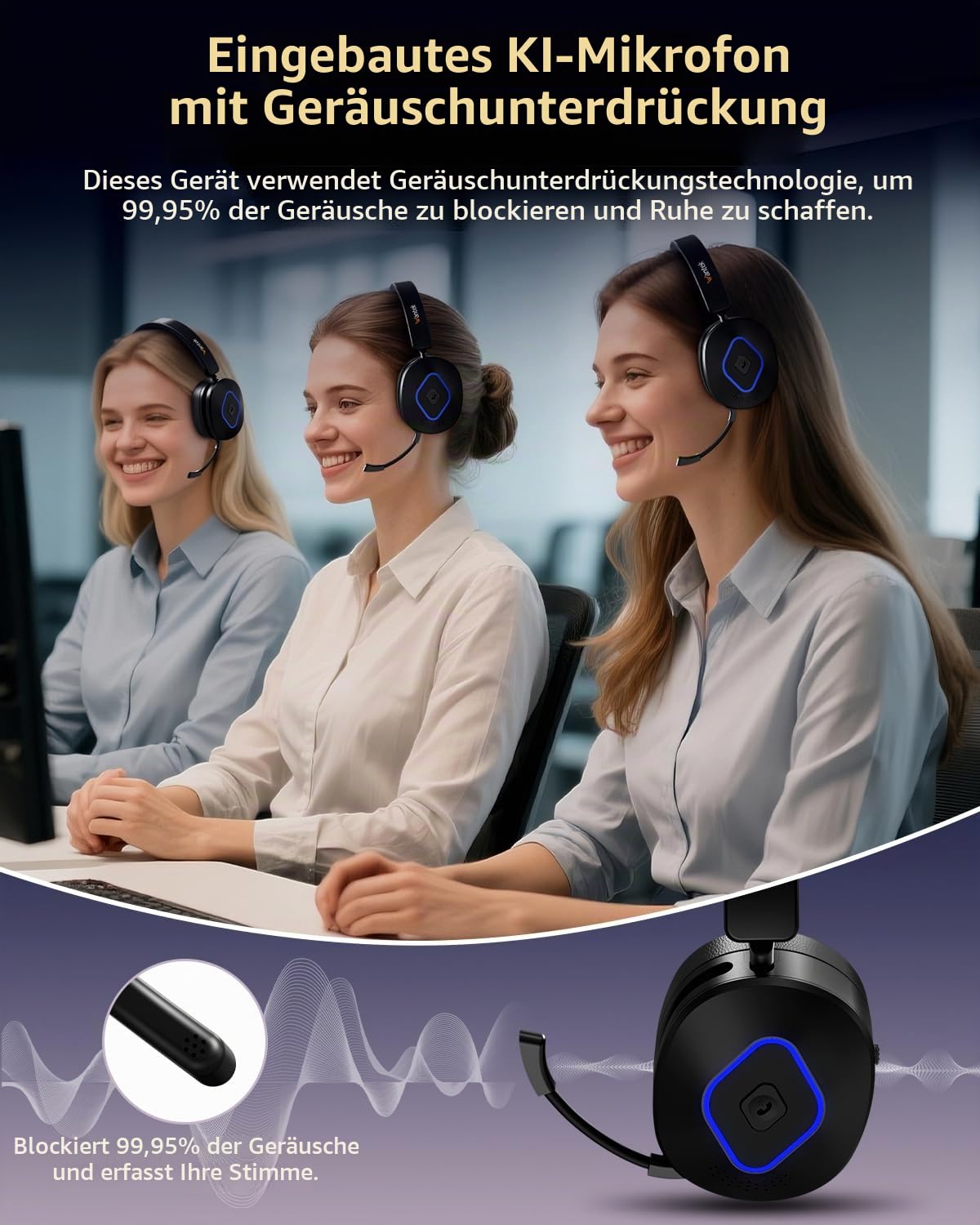 Wantek Bluetooth Headset mit Mikrofon & USB Dongle, Akku 45h+, Wireless Headset PC mit Noise Cancelling Mikrofon, kabellos & per Kabel, Multipoint, für Handy, Office, Büro