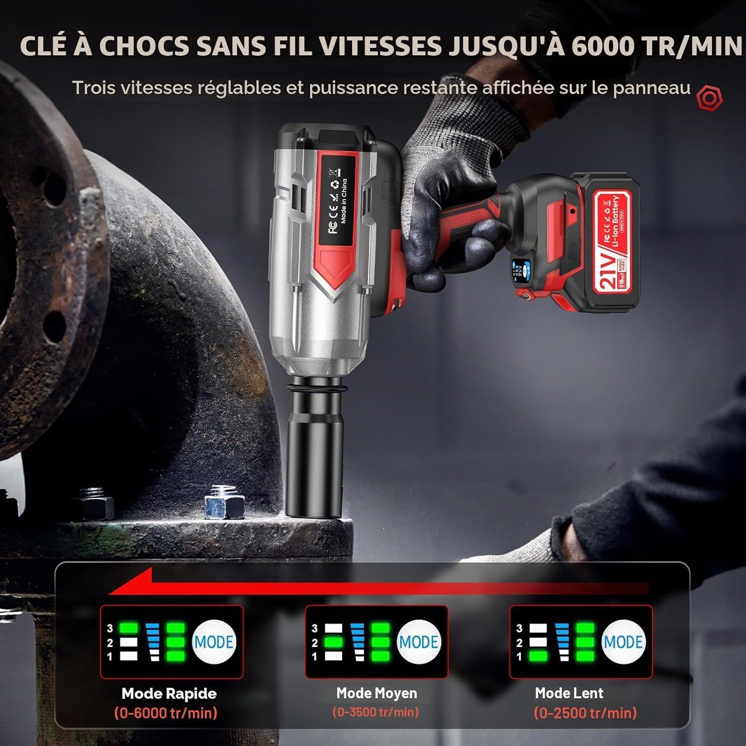 1400 N.m Clé à chocs sans fil, 21V Cle a choc professionnel avec 1000 W Moteur sans balais, 2 x 4,0 Ah Batteries, 5 Douilles, 1 Convertisseur 1/2" x 3/4", 1 Extension, pour Voiture et Camionnette