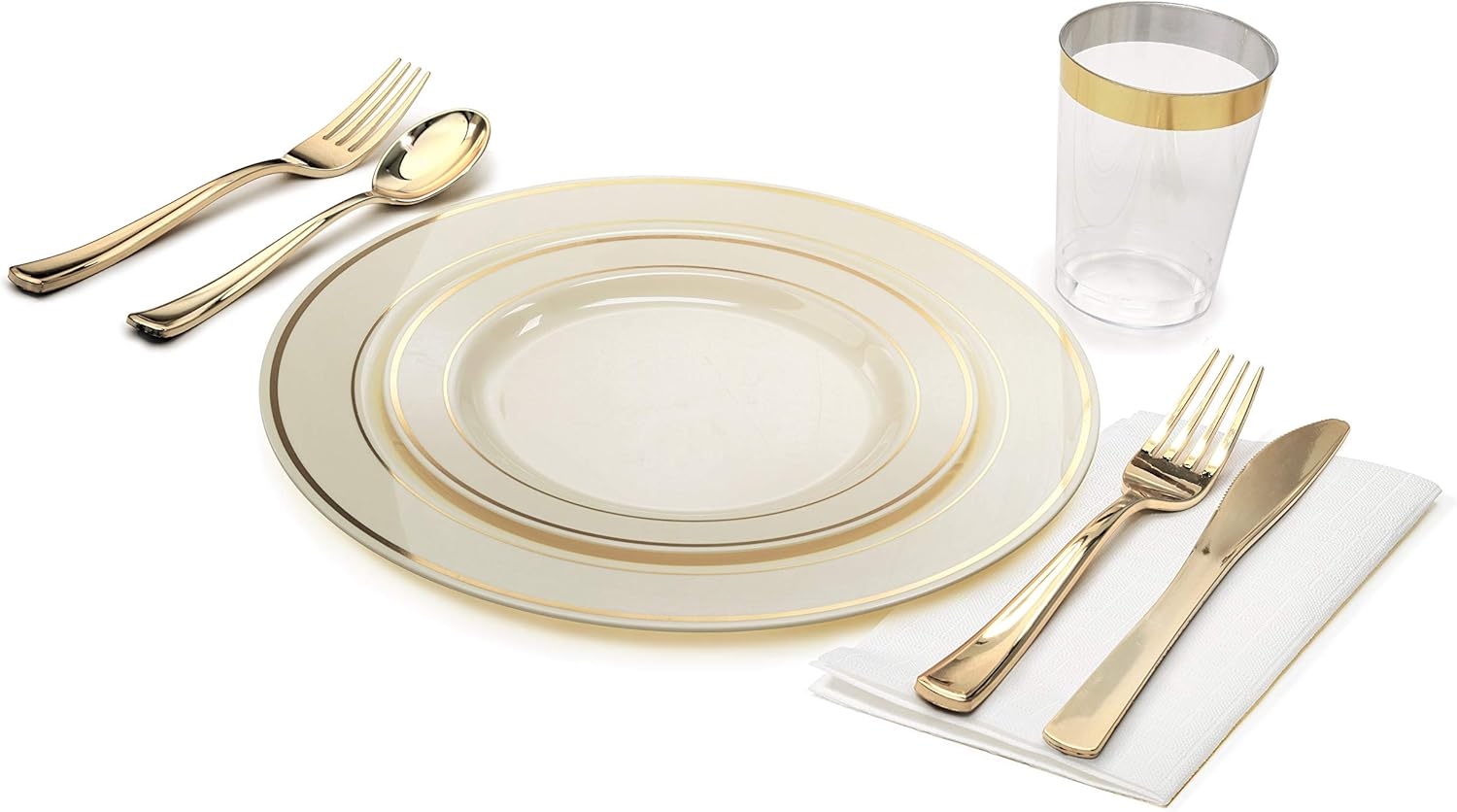" OCCASIONS " 360 pcs/40 Guest-Full Tableware Set-Wedding Disposable Plastic Plates Silverware, Gold Rimmed Tumblers & Linen Feel Napkins w/napkin Rings (Combo C, Ivory & Gold Rim)