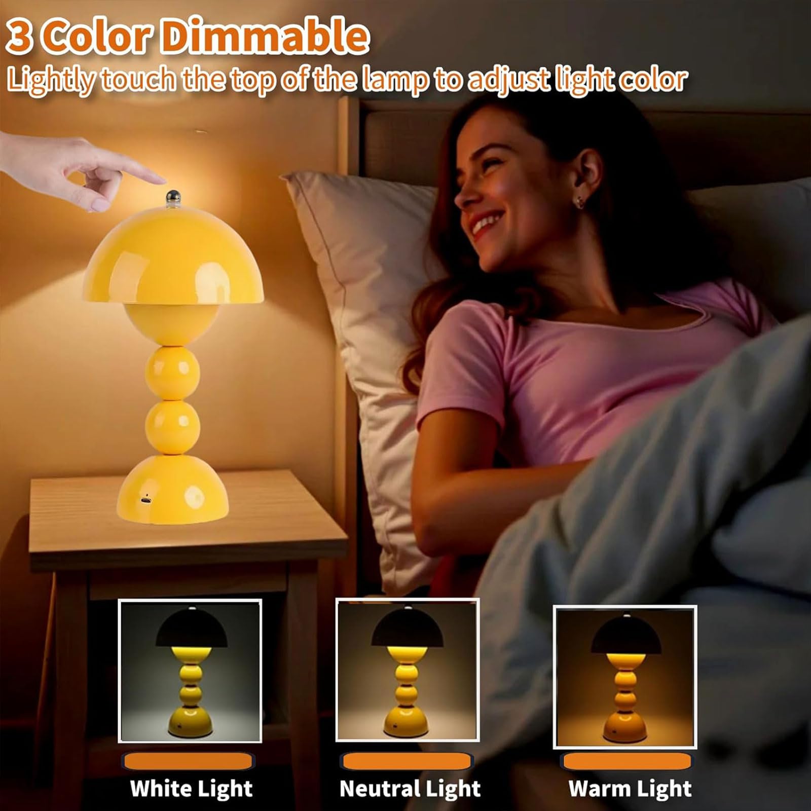 Lampada da tavolo ricaricabile, design a fungo LED, controllo touch, dimmerabile in 3 colori, ideale per camera da letto, cucina, esterni, campeggio e decorazione