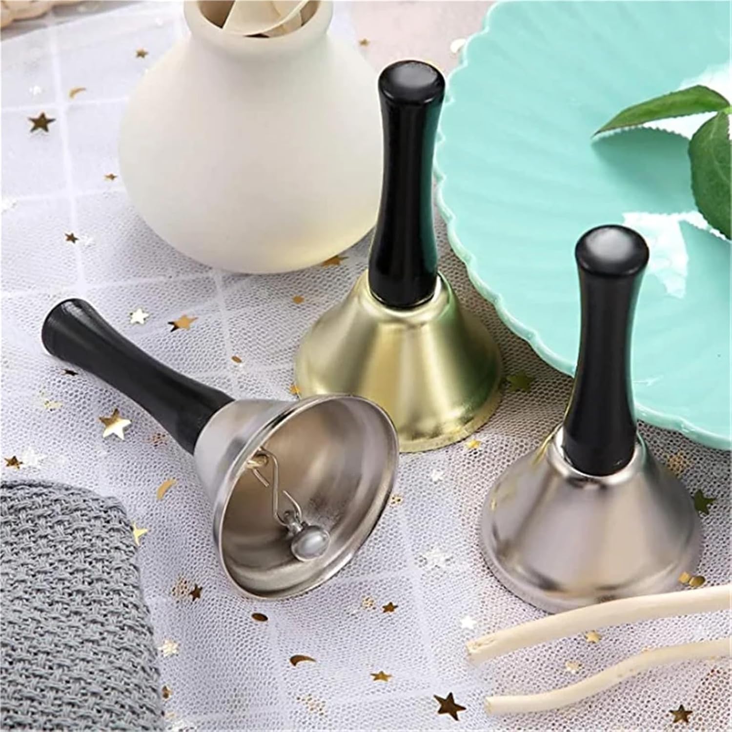 hand bell 4/8pcs Hand Bell Jingle Bells Gold Silver School Handbell Restaurant Call Service Supplies(Gold-2,8pcs)