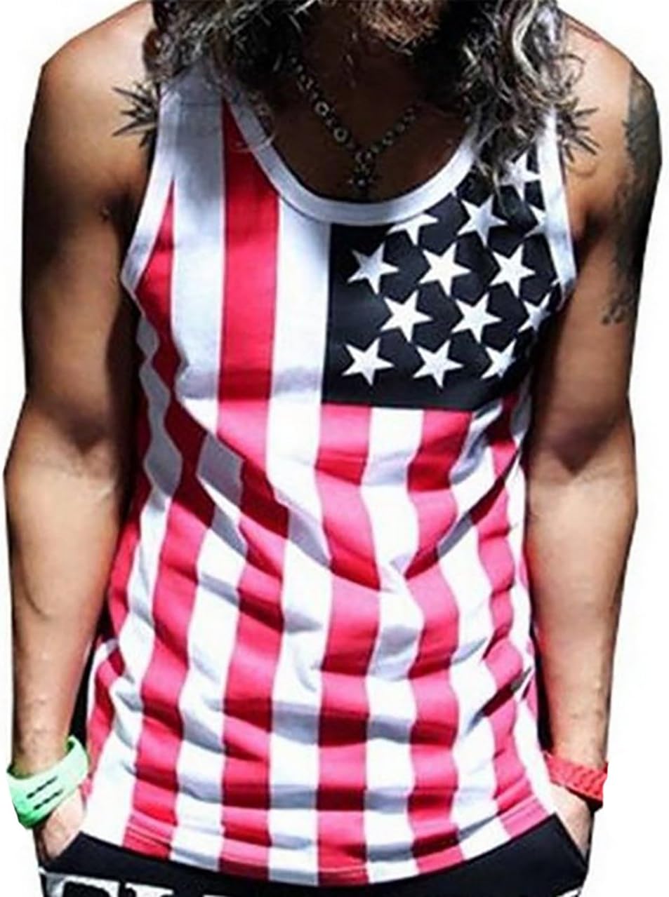 Our Precious Mens American Flag Print Wave Tank Top Vest Tee Shirt