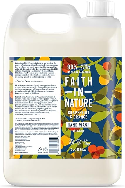 Faith In Nature Natural Grapefruit and Orange Hand Wash, Invigorating, Vegan and Cruelty Free, No SLS or Parabens, 5L Refill Pack