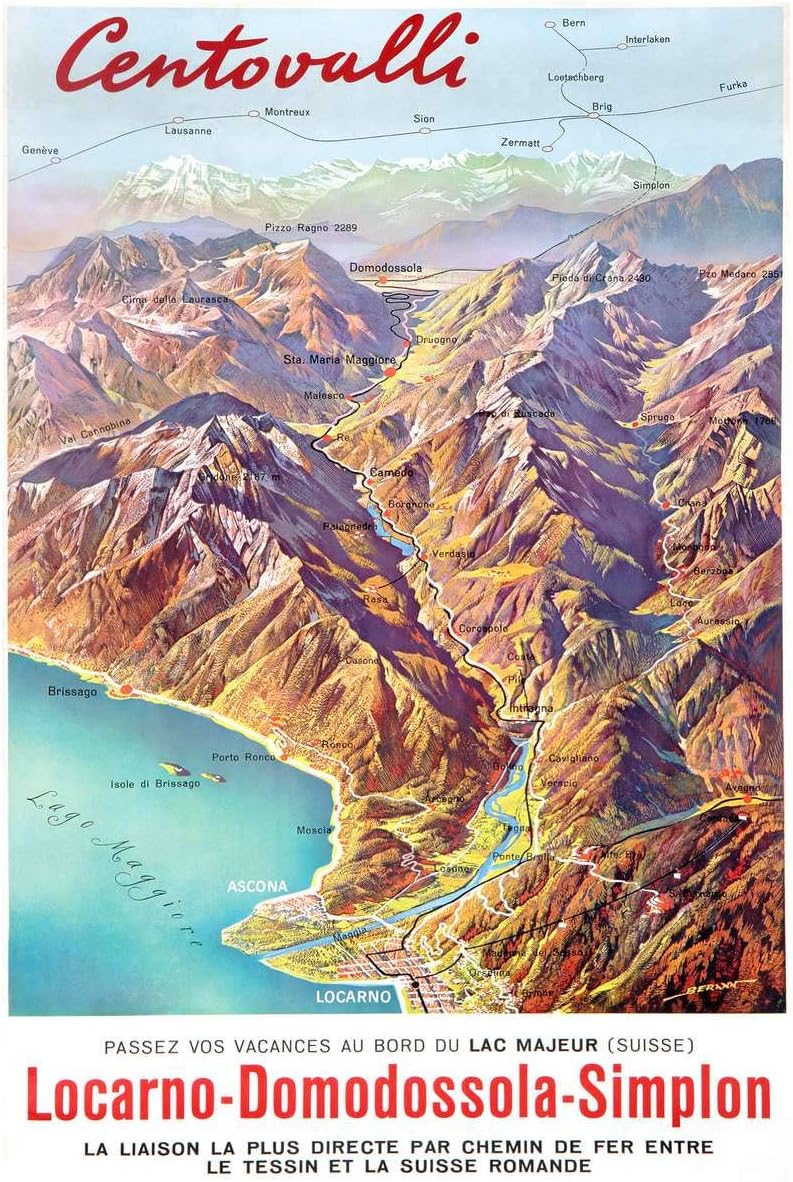 Historic Pictoric Tourism Zwitzerland Centovalli - 24in x 16in Vintage Poster Print