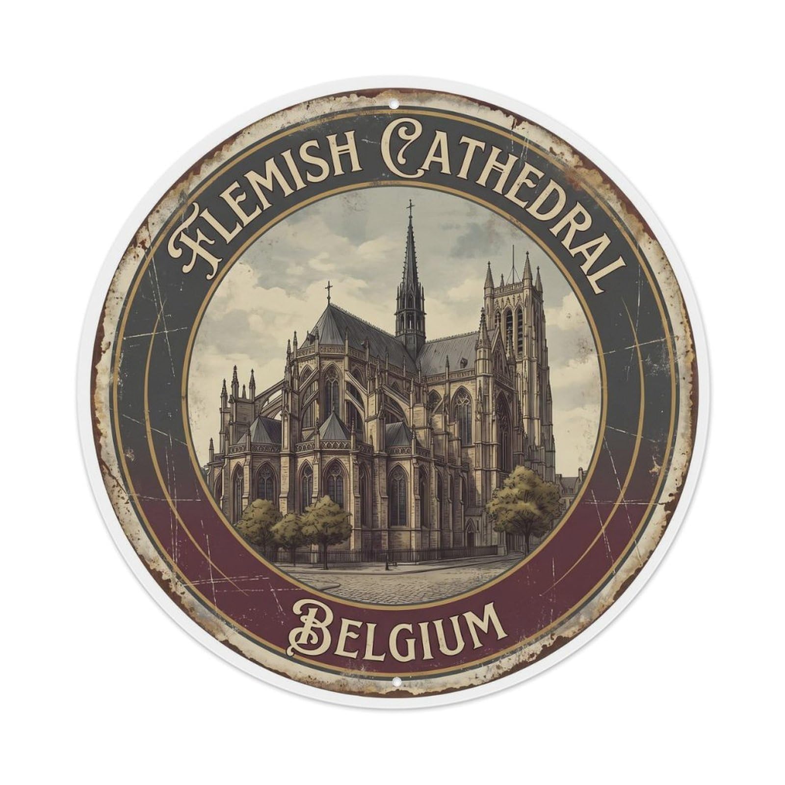 Vintage Travel Flemish Cathedral Belgium Metal Tin Sign
