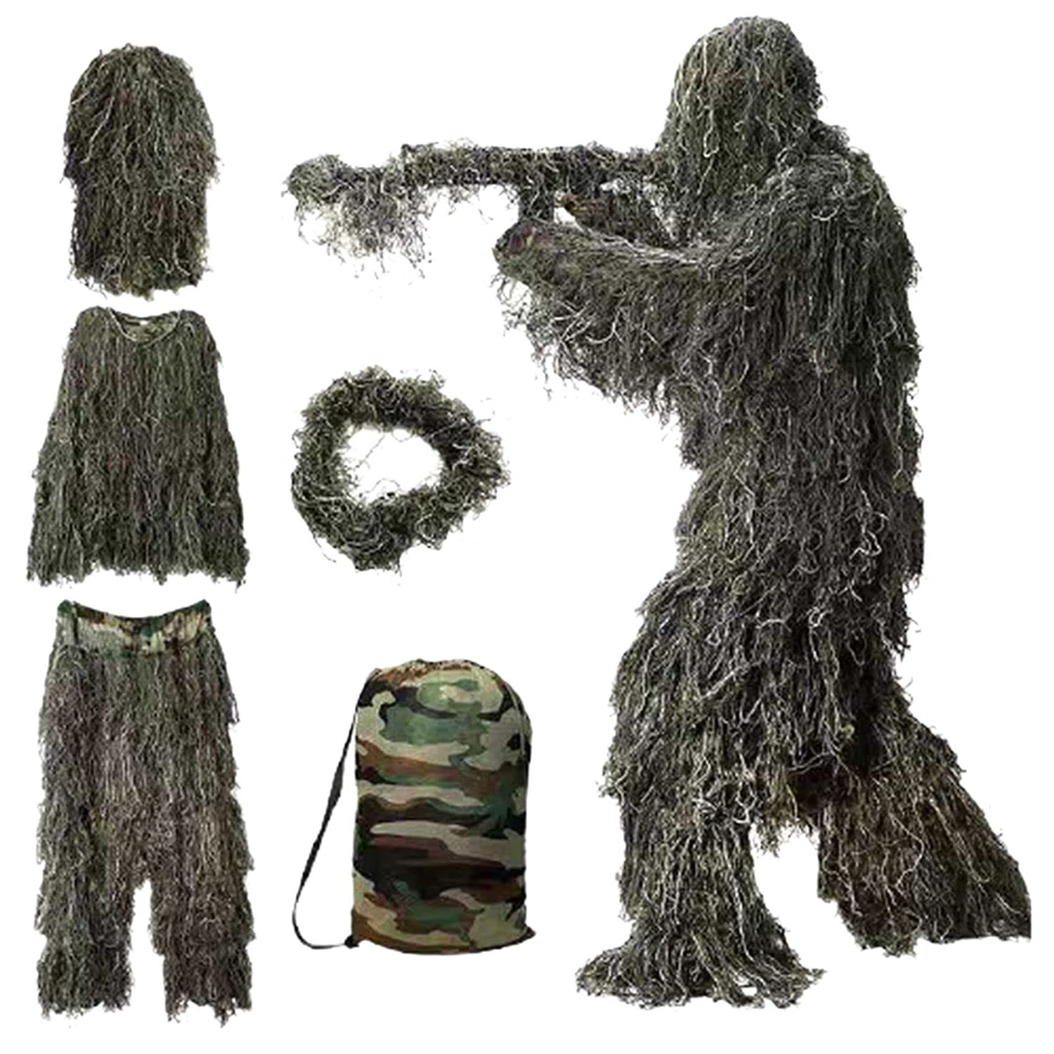 Costume 5 en 1, camouflage 3D, vêtements de chasse en plein air, y compris veste, pantalon, capuche, sac de transport pour adultes, enfants et jeunes