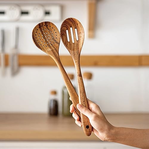 Miniatura 6 de Gudamaye Cucharas de madera de 13 pulgadas de largo para cocinar, utensilios de madera para cocinar con soporte para utensilios, juego de 9