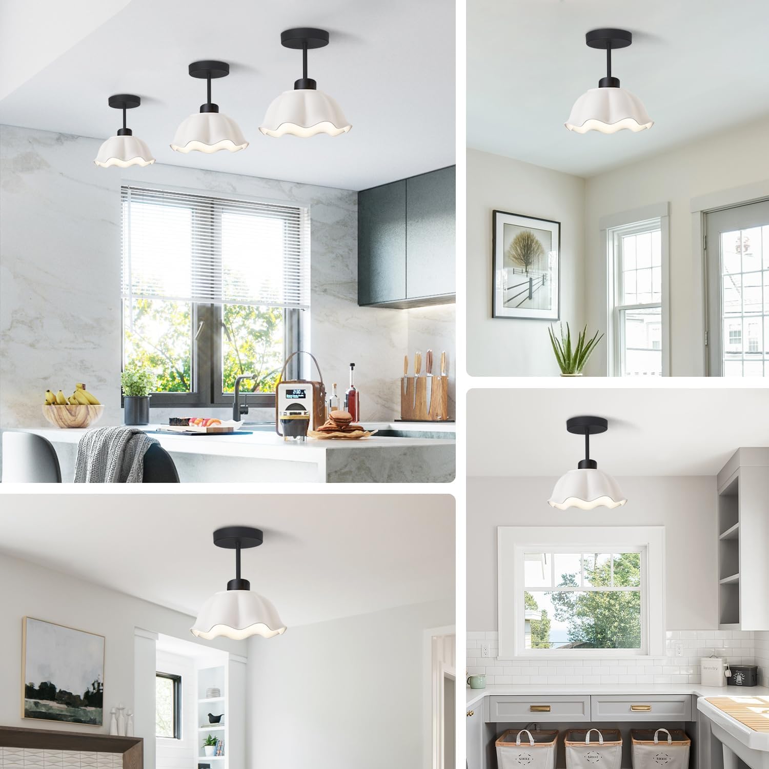 White Glass Semi Flush Mount Light - Matte Black Ceiling Fixture - Vintage Close to Ceiling Light - Small Milk Ceramic Hallway & Porch Schoolhouse Flower Lamp - MCL10B-BK-L-1