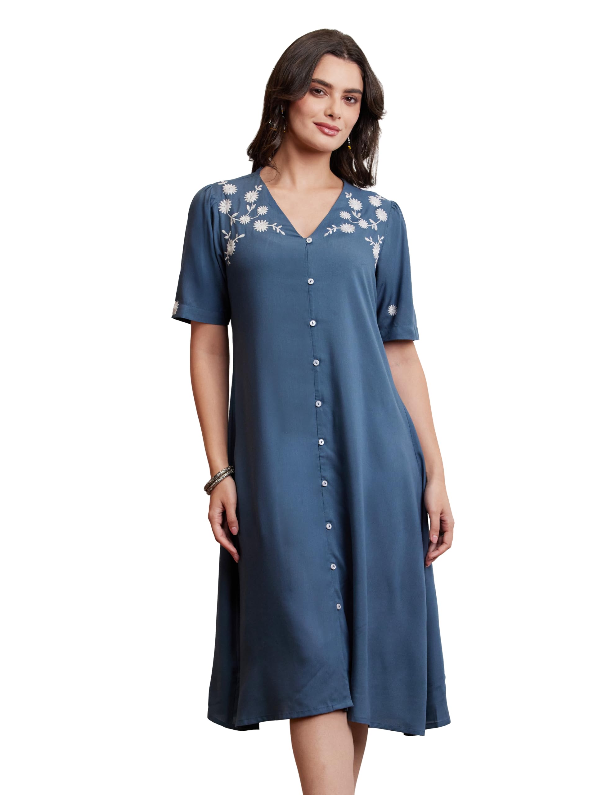 amazon brand - myx Women's Embroidered Shirt Dress | Below The Knee (Available in Plus Sizes)-picture-38