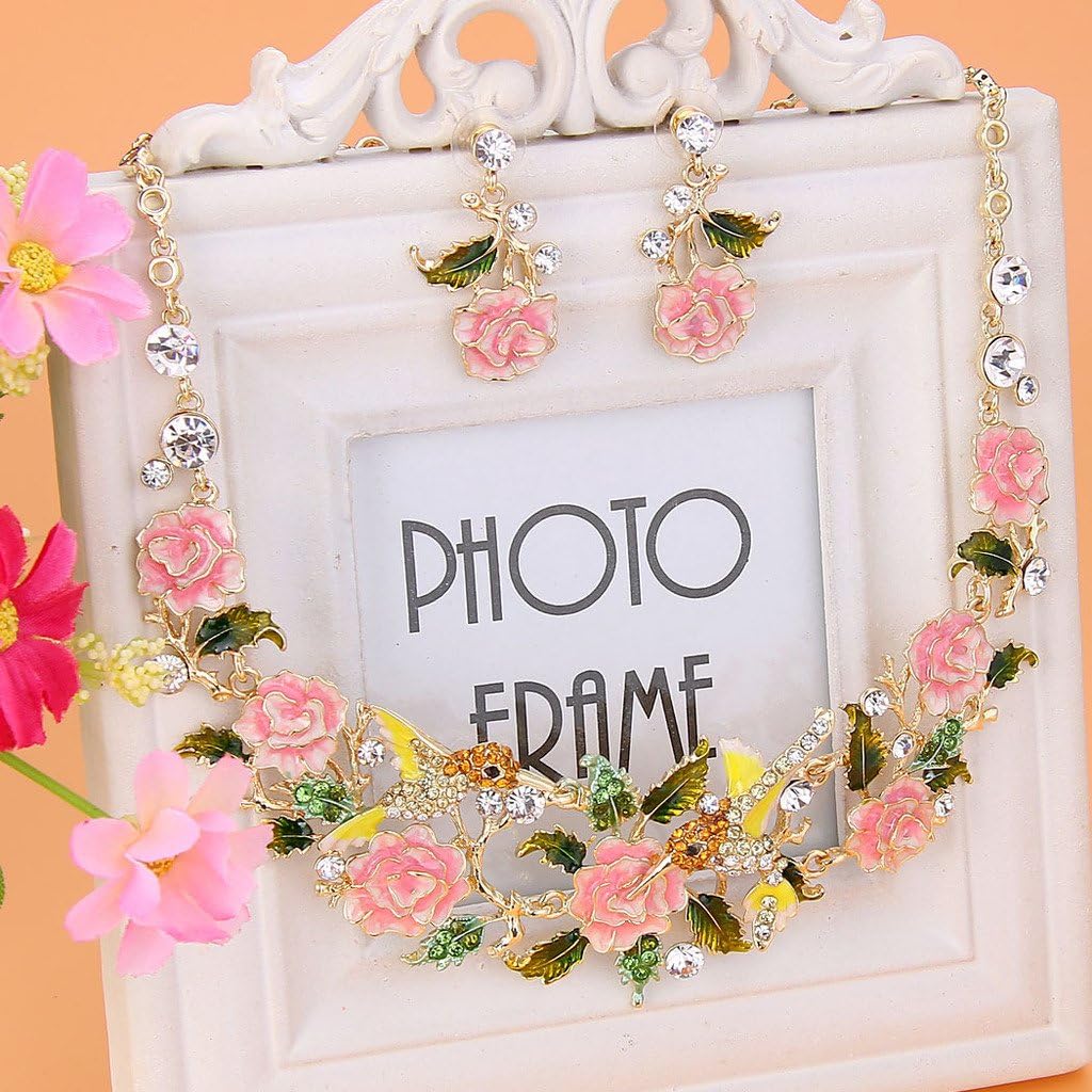 EVER FAITH Crystal Enamel Hummingbird Hibiscus Flower Leaf Necklace Earrings Set Gold-Tone