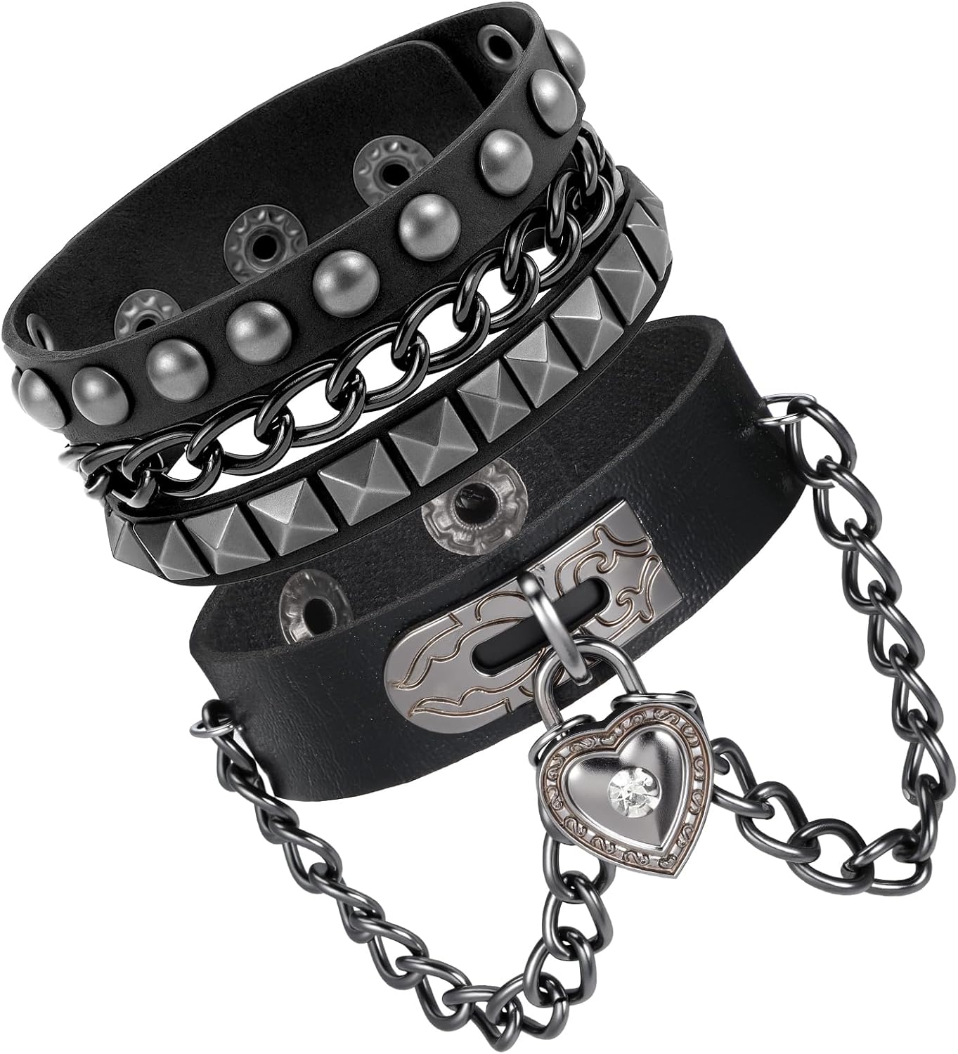 Grevosea Rivet Bracelet, Multilayer Heart Pendant Leather Punk Bracelet, Adjustable Black Cuff with Rivet Studs Chain Wristband for Rock Sports