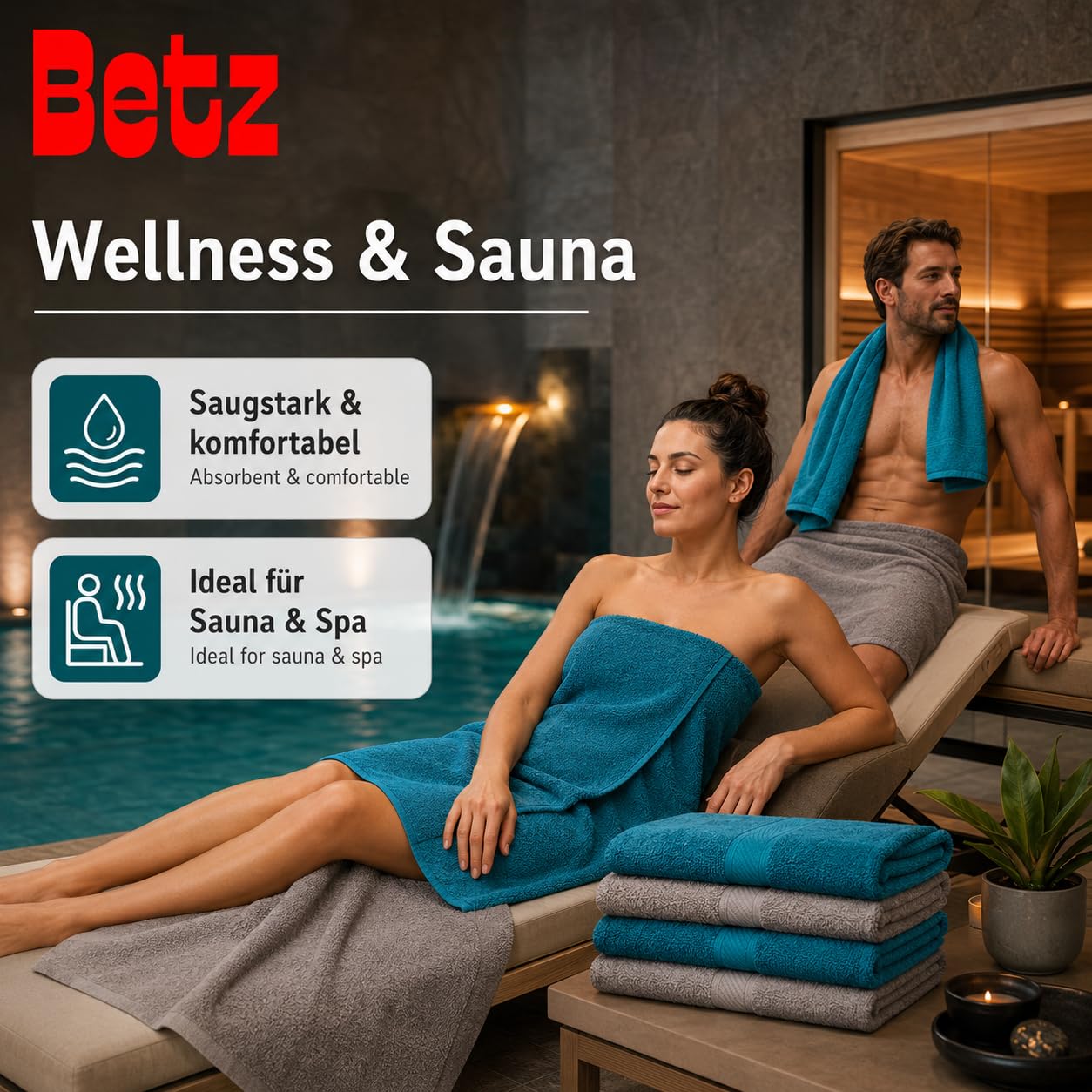 Betz Lot de 12 pièces 100% Coton Palermo 2 draps de Bain 4 Serviettes de Toilette 2 d'invités 2 lavettes 2 Gants de Toilette Couleur Bleu pétrole et Gris Pierre