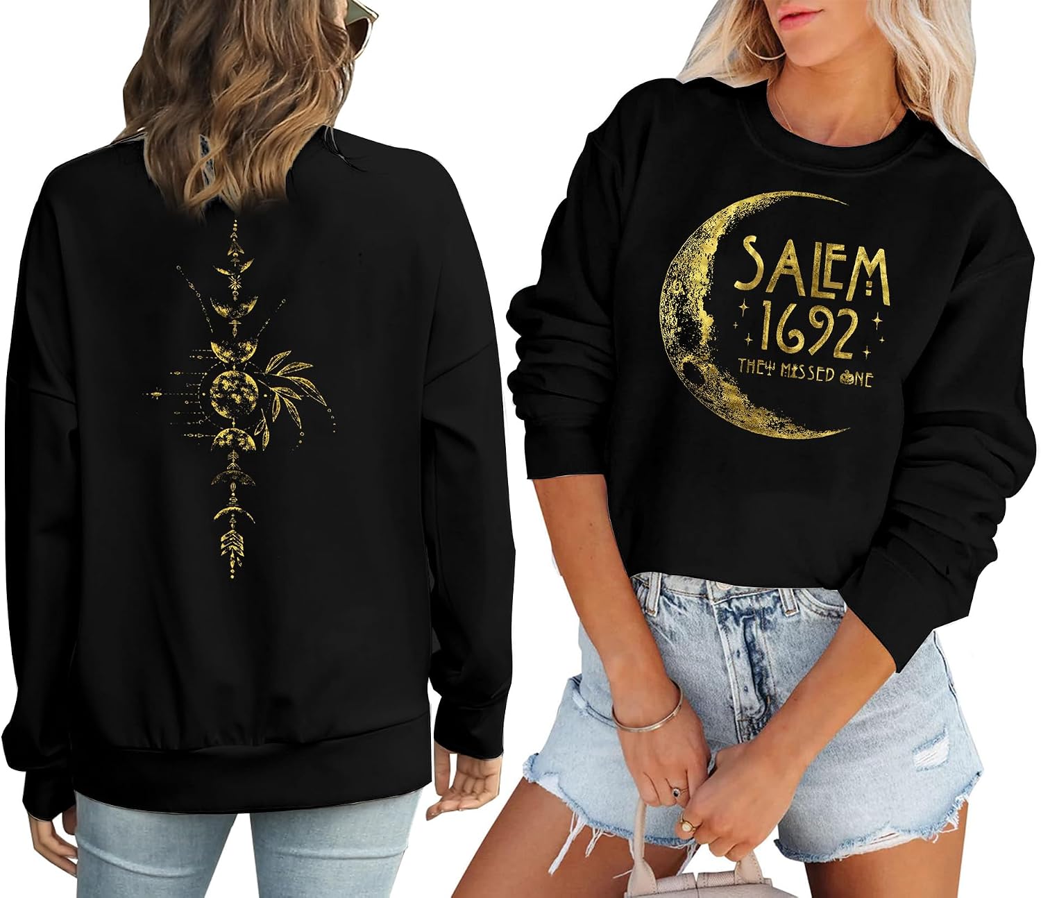 LUKYCILD Halloween Sweatshirts for Women Oversized Salem 1692 Sweatshirt Halloween Moon Witch Shirt Holiday Pullover Top Black