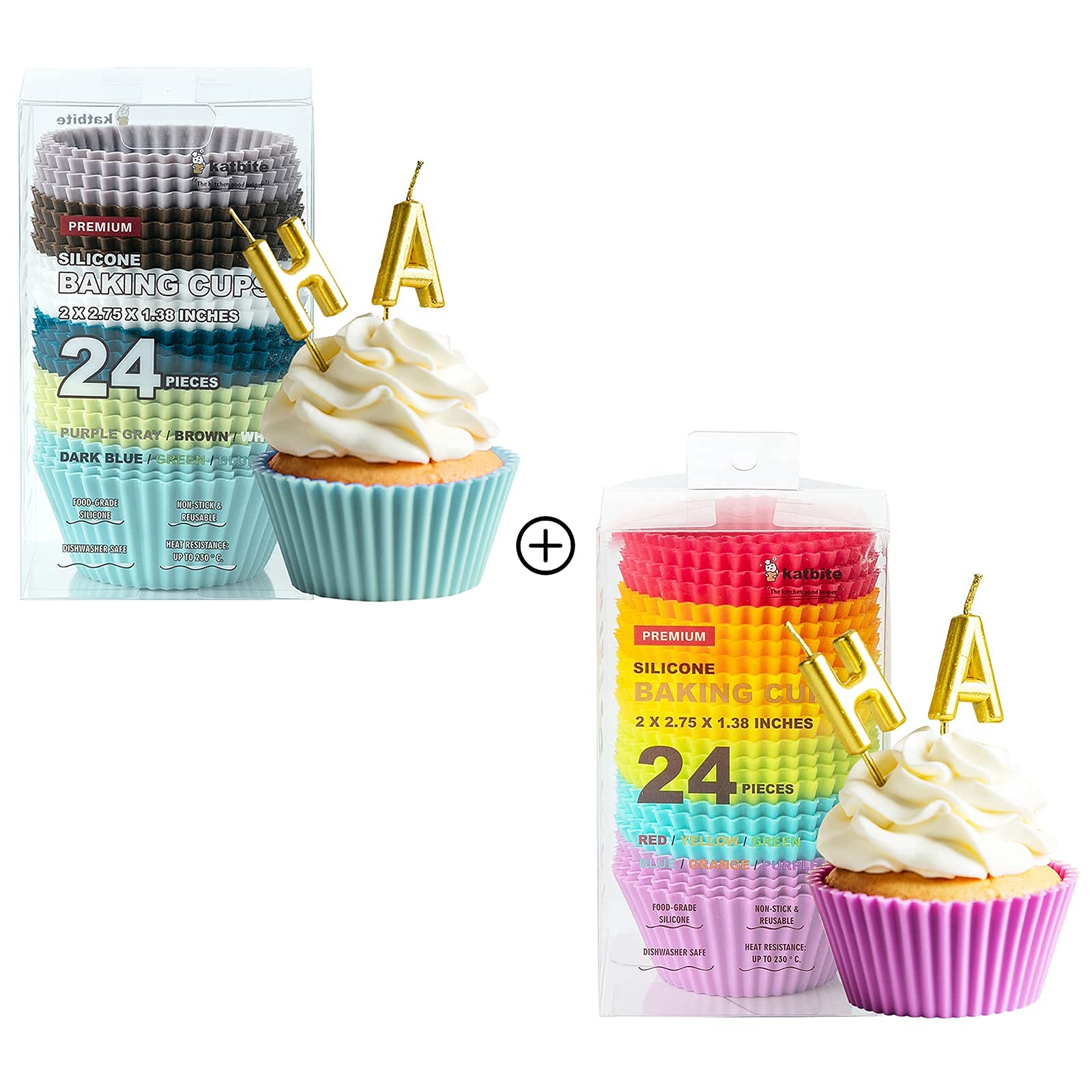 katbiteSilicone Cupcake Baking Cups 48 Pack, Heavy Duty Silicone Baking Cups, Reusable & Non-stick Muffin Cupcake Liners Holders Set for Party Halloween Christmas Bakery Molds Supplies