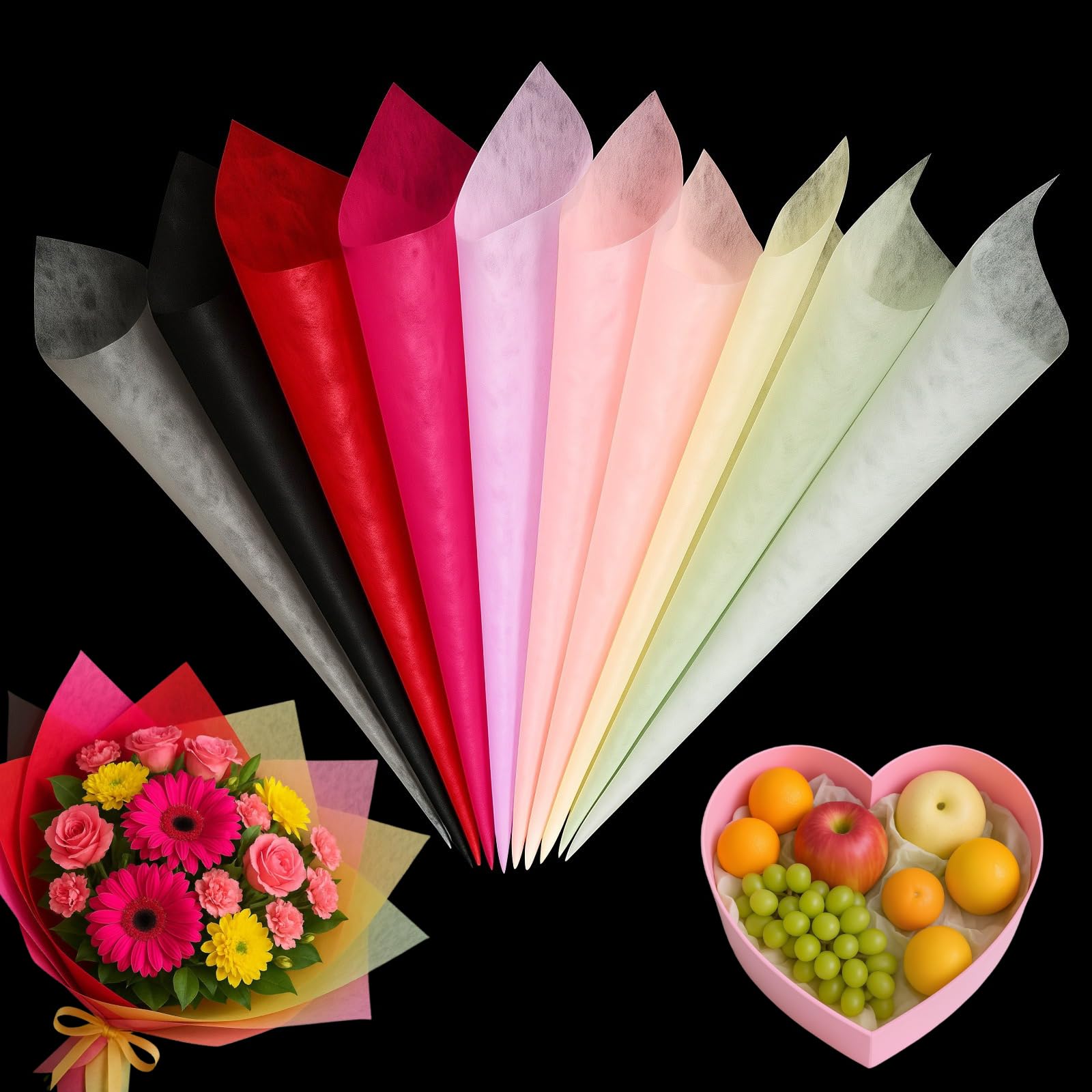 100 Sheets Multi-Color Tissue Flower Wrapping Paper - 10 Vibrant Colors 11.8"x11.8" Non-Woven Waterproof Floral Bouquet Wraps, Each Color 10 Sheets with Removable Lining for Florist Packaging Gift