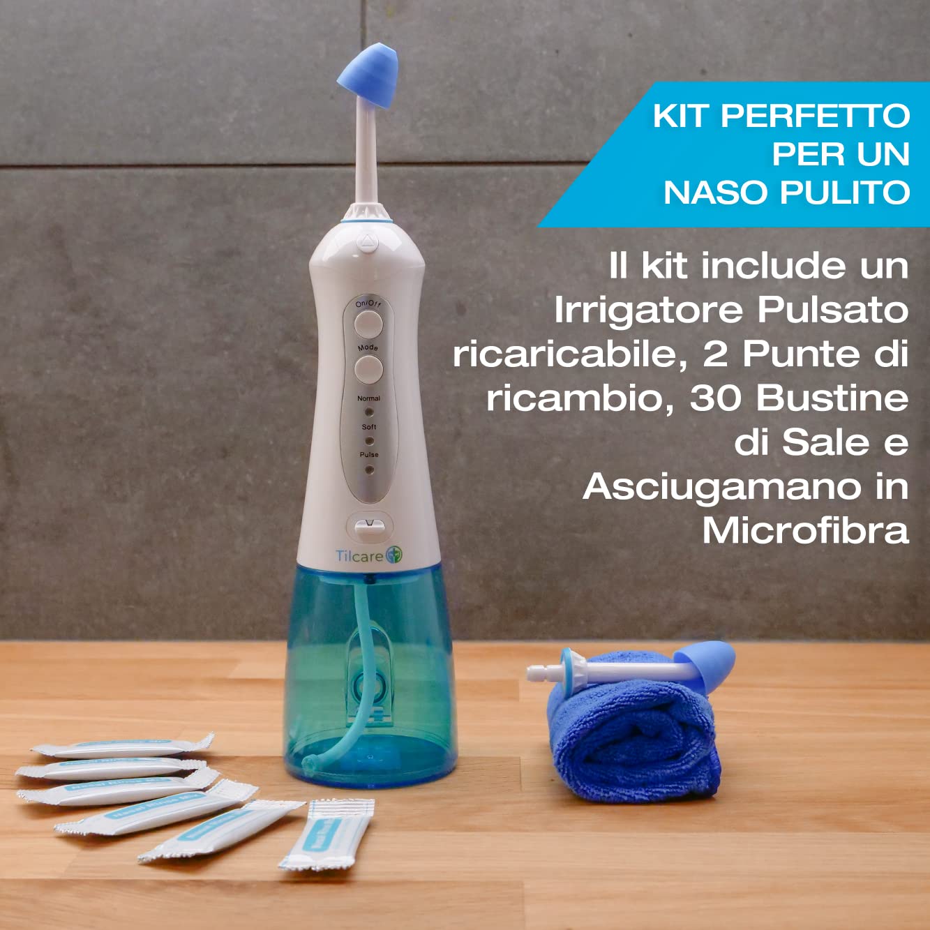 Kit Lavaggio Nasale di Tilcare - Perfetta Elettrica Neti Pot per Lavaggio Nasale per il Sollievo del Naso e dalle Allergie - Viene fornito con un Asciugamano e 30 Confezioni di Sale