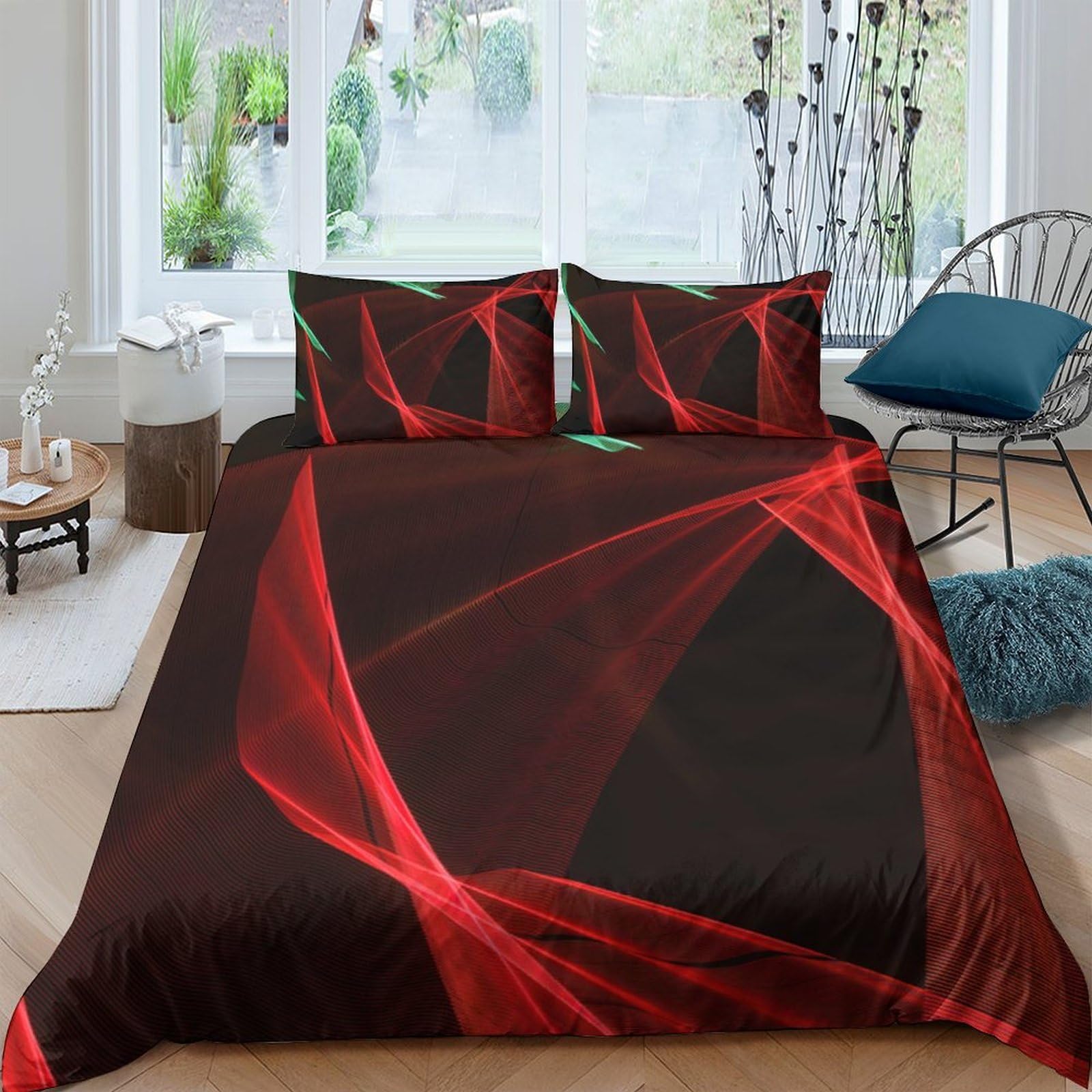 Ctjqhvkz Style-4 3D Printed Red Abstract Lines Fitted Sheet Microfiber Soft Black Artistic Bed Cover For Bedroom Guest Room Single（135X200cm）