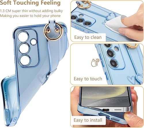 Vista 77 de ZTOFERA Funda para Samsung Galaxy S22 Plus 5G con correa para la muñeca, bonito borde chapado de lujo, patrón de corazones de amor para niñas y Azul