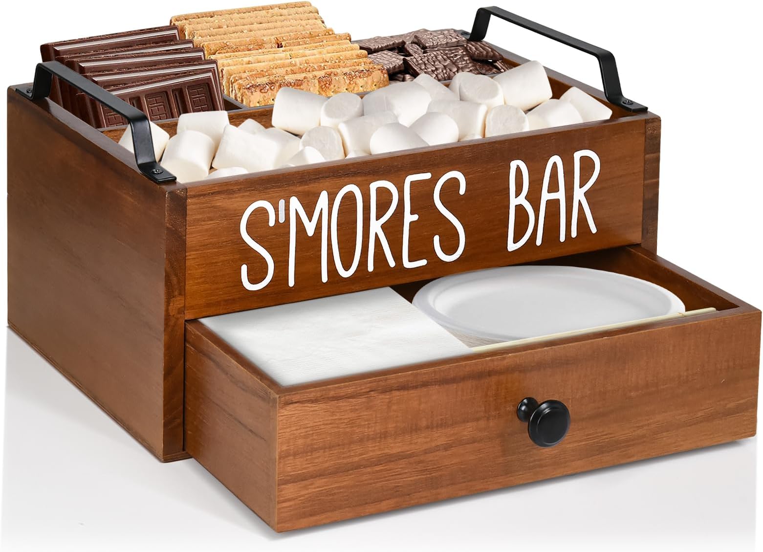 S'Mores Station, S'mores Bar Holder with Handles, S'mores Caddy, S'mores Accessories Organizer, S'mores Supplies Container Box with Drawer,S'mores Maker Box Serving Tray for S'mores Kit