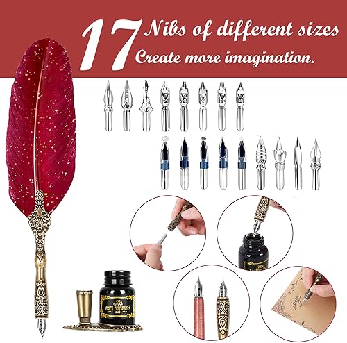 Miniatura 10 de Juego de tinta para caligrafía de plumas, incluye bolígrafo y bolígrafo de inmersión de madera, tinta, 17 puntas de repuesto, base para bolígrafo, 3