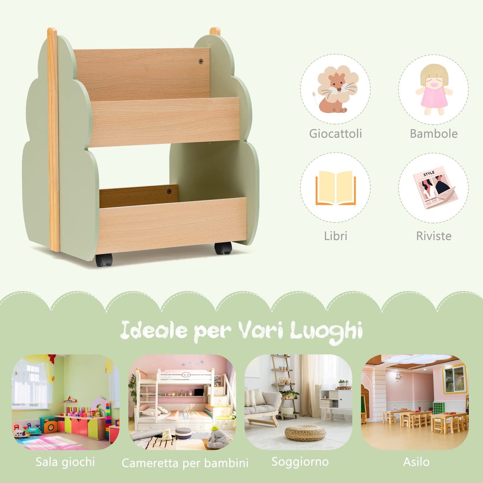 RELAX4LIFE Libreria per Bambini con Ruote, Carrello Porta Libri e Giocattoli in Legno, Libreria Scaffale a 2 Ripiani per Camerette e Asili, 46 x 52 x 63 cm (Verde, Albero)