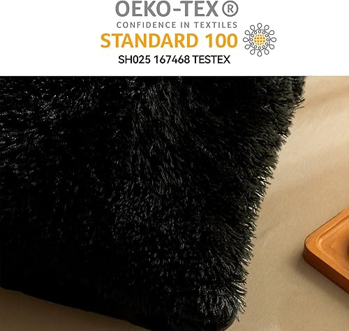 Miniatura 7 de Juego de edredón de piel sintética color negro, tamaño Queen, edredón de piel alternativa al plumón de 3 piezas (1 edredón de felpa + 2 fundas de