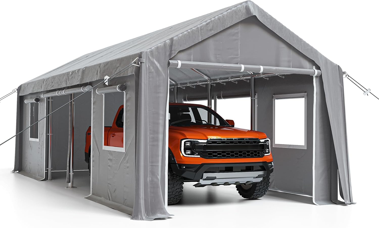 CABIHOME 20x10x11Ft Heavy Duty Carport, Portable Garage with PE Canopy, Windproof Carport Tent, Car Shelter with 2 Roll-Up Side Doors, 4 Windows, Gray (200G, No Frame)