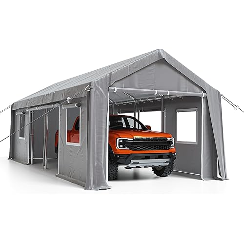 CABIHOME 20x10x11Ft Heavy Duty Carport, Portable Garage with PE Canopy, Windproof Carport Tent, Car Shelter with Front & Rear Doors and 2 Roll-Up Side Doors, 4 Windows, Gray (200G, No Frame)