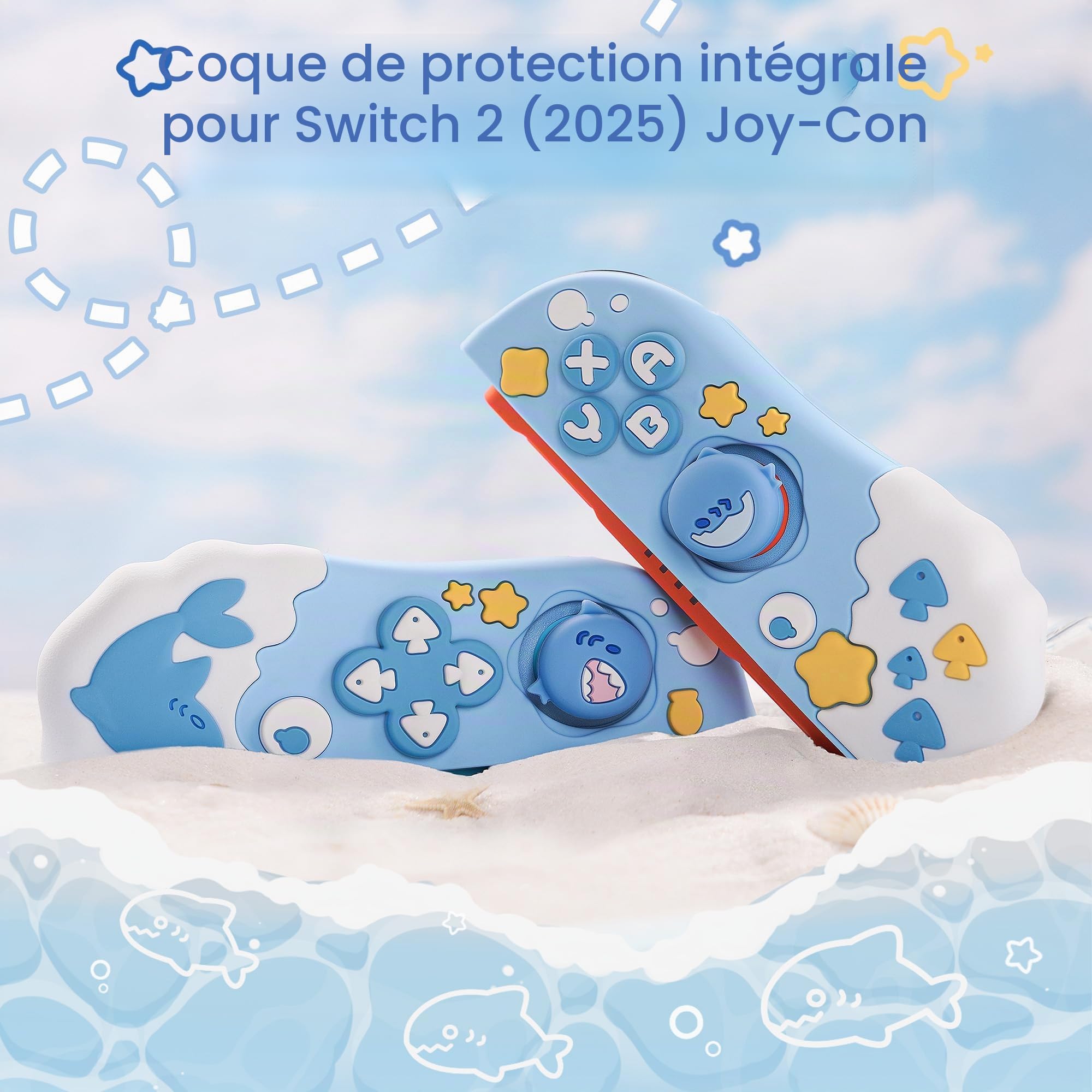 GeekShare Coque de protection pour manettes Switch 2 Joy Con, coque de protection en silicone souple compatible avec les manettes portables Switch 2 JC, fête de requin