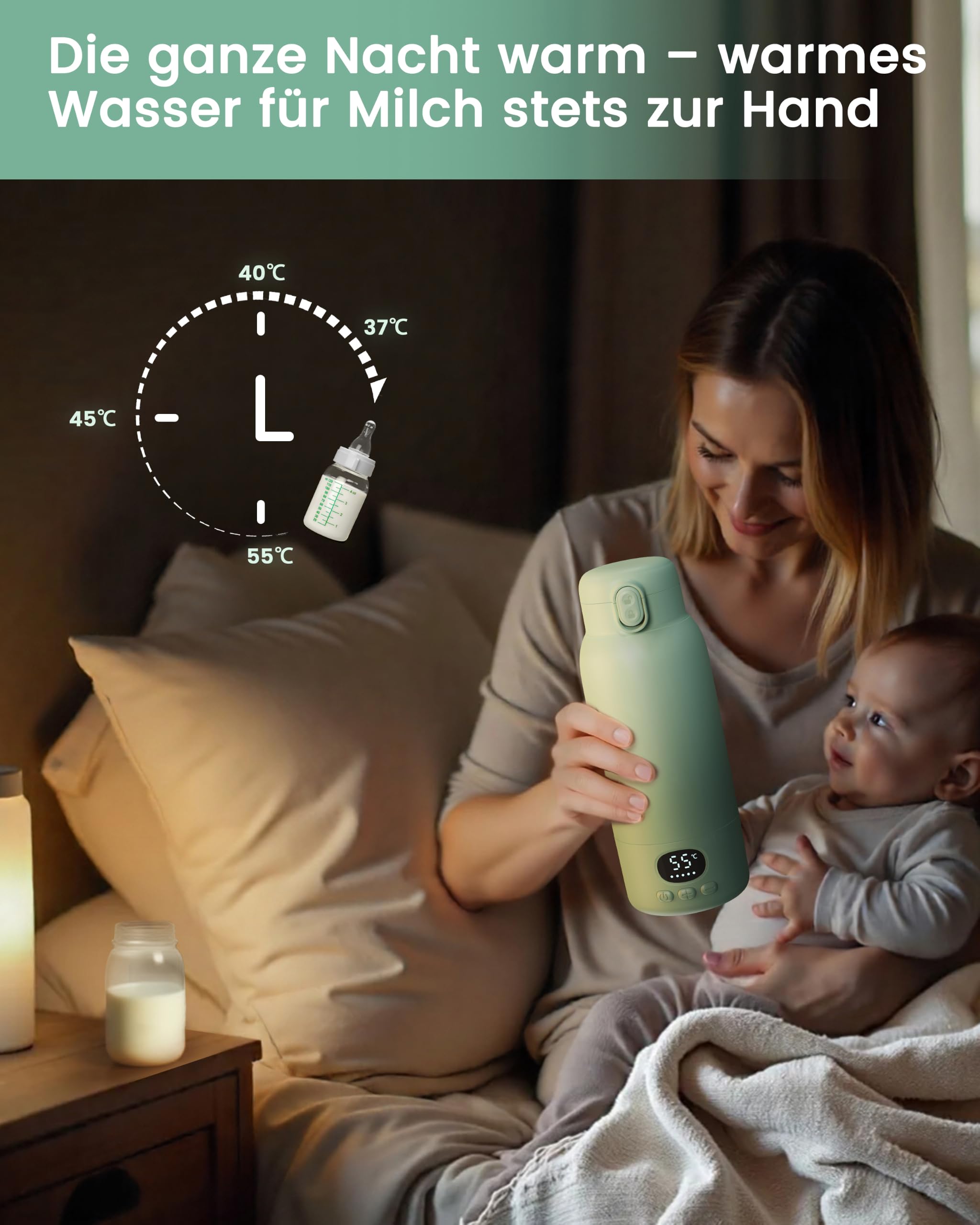 Tragbarer Flaschenwärmer Baby, 100W Schnellaufheizung | Kabellos, für unterwegs & Reisen, 500 ml Kapazität, 30x Nutzung/Akku, USB-C, BPA-frei, hellgrün