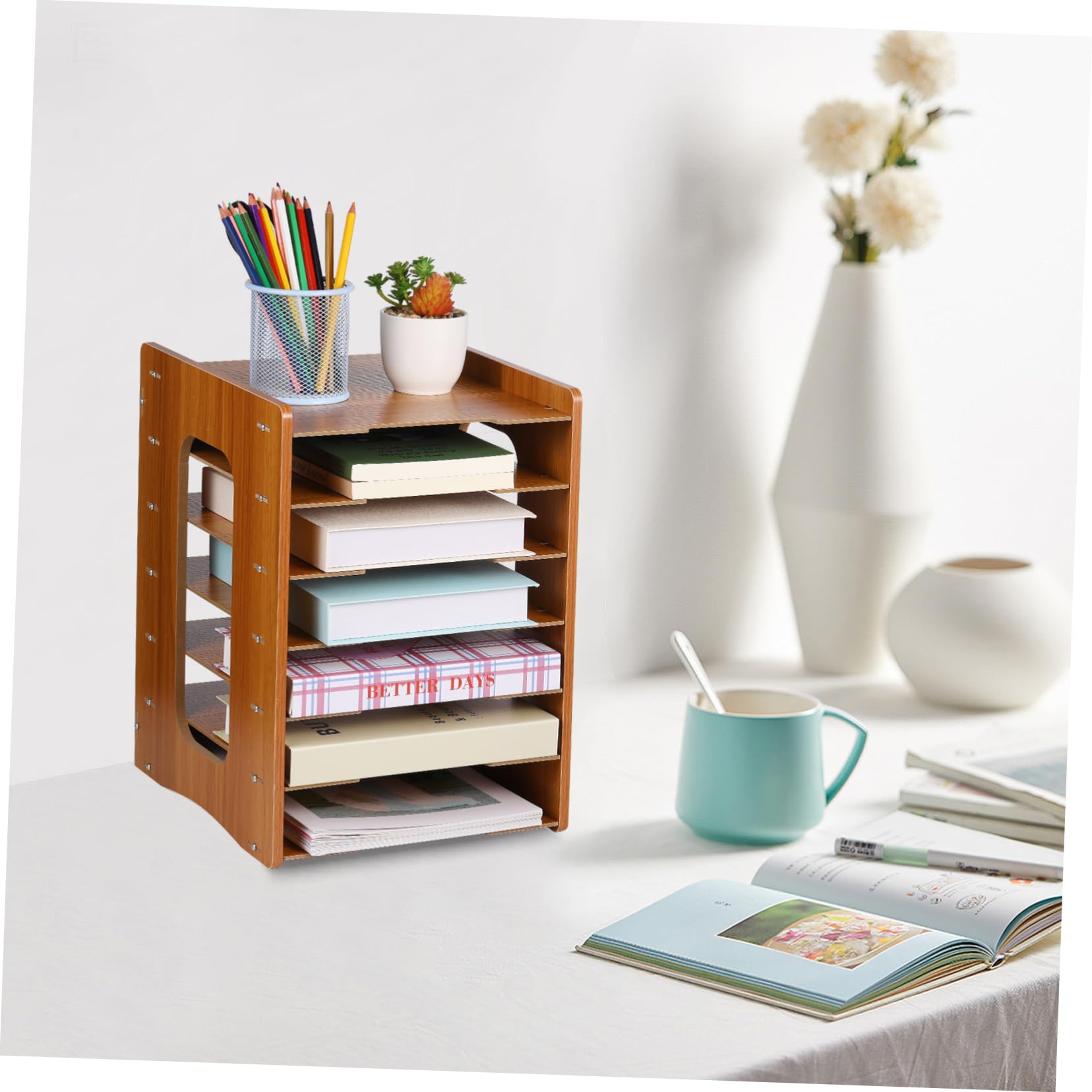 Angoily Organizer Scrivania in Ciliegio Strati Portadocumenti Impilabile per Ufficio e Casa Portaoggetti Multifunzionale per Libri Cancelleria e File Design Compatto e Stabile per Tavolo