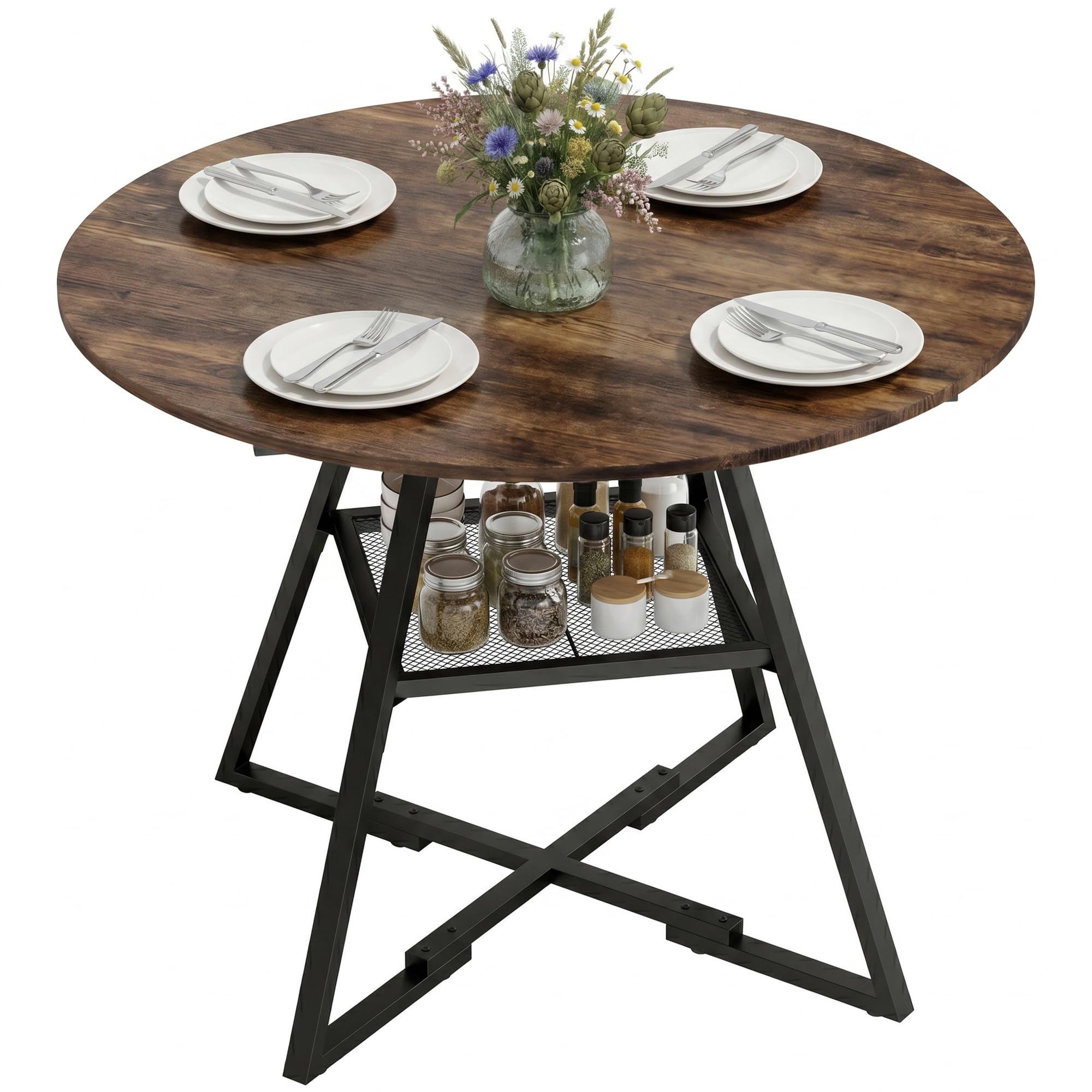 HOMCOM Tavolo da Pranzo Rotondo per 4 Persone, Tavolo Cucina Ø100 cm con Ripiano a Rete, Piano Effetto Legno e Gambe a Croce in Metallo, Tavolino da Soggiorno Sala da Pranzo, Marrone Rustico