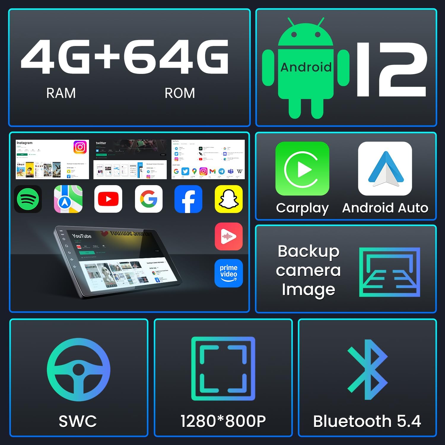 4GRAM + 64ROM Car Radio for Toyota RAV4 2007-2012: Android 13 Stereo with Wireless Carplay Android Auto 9" 1280*800 IPS Touchscreen Head Unit GPS Navigation 5G WiFi Bluetooth5.4 Backup Camera SWC FM