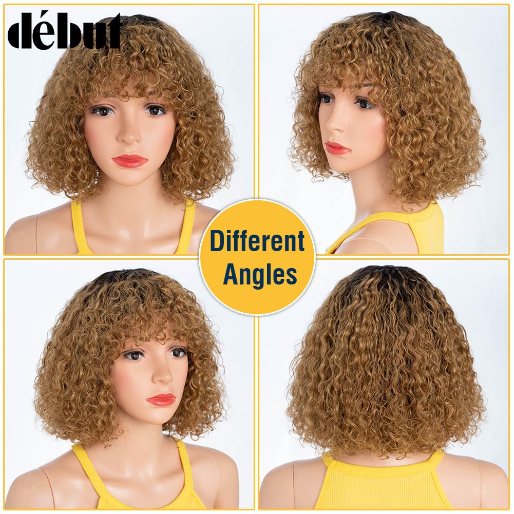 Perruque Afro Bouclée Frangée En Cheveux Humains - Brun Doré, Longueur 25cm - Avec Cadeau