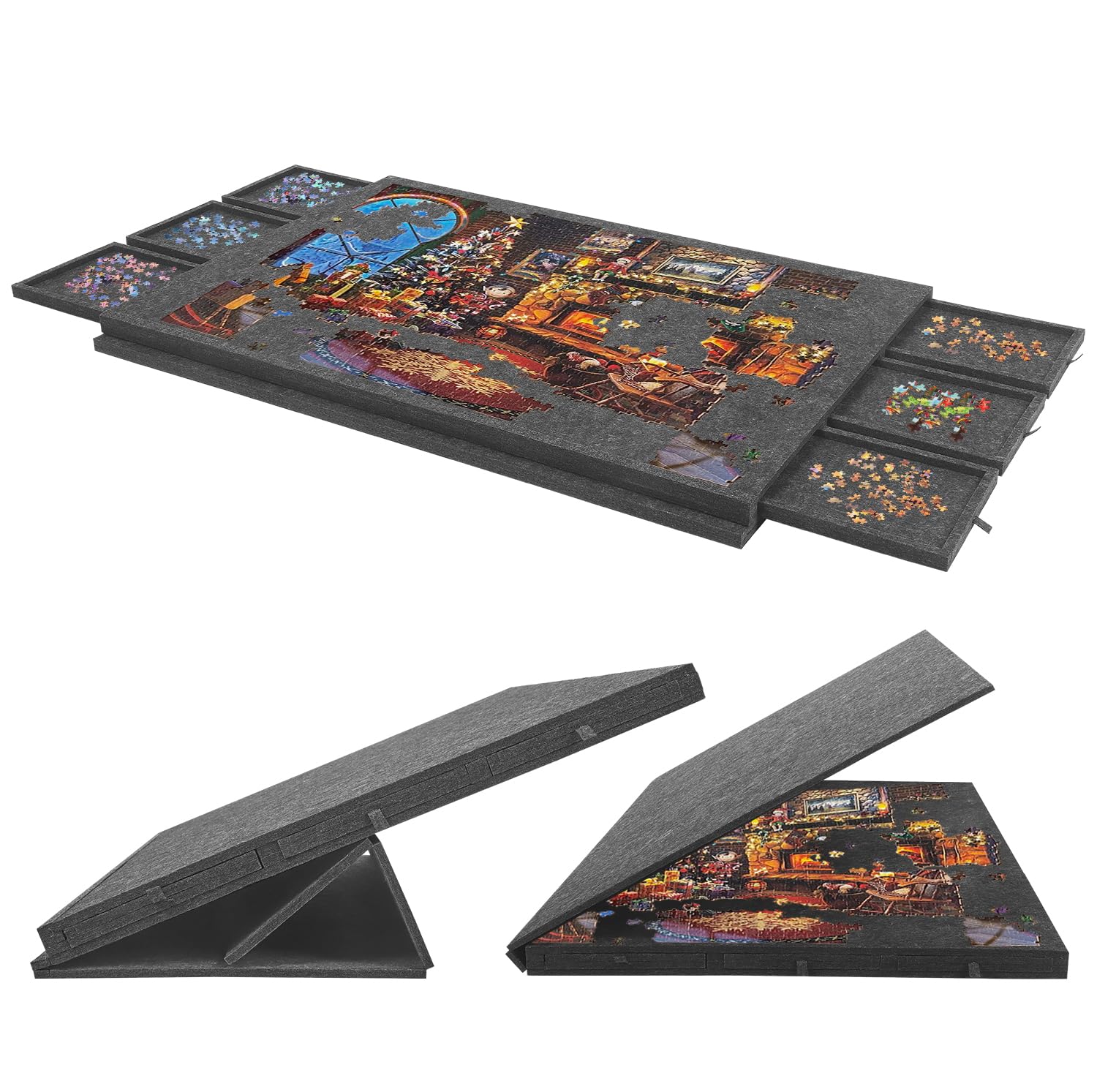 Planche à puzzle pliable en feutre antidérapant de 1500 pièces, 6 tiroirs de tri avec poignées, angle réglable, légère et portable, table de puzzle pliable en feutre