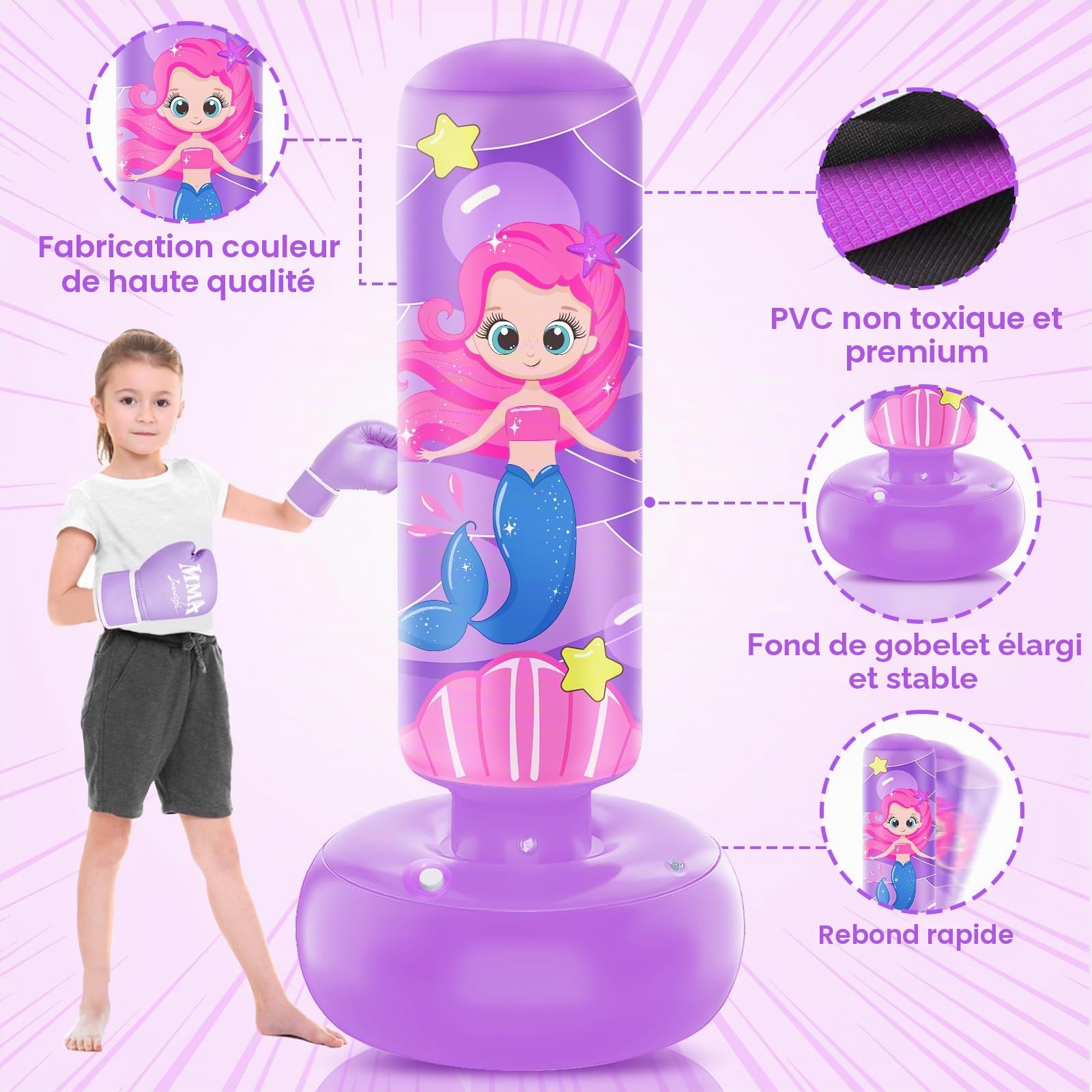 Sac de Frappe pour Enfants, Grand Sac de Frappe Gonflable de 168cm avec Gants de Boxe, Cadeau pour Les Filles pour Enfants, Ensemble de Boxe pour Pratiquer Le Karaté, Le Taekwondo, Le MMA