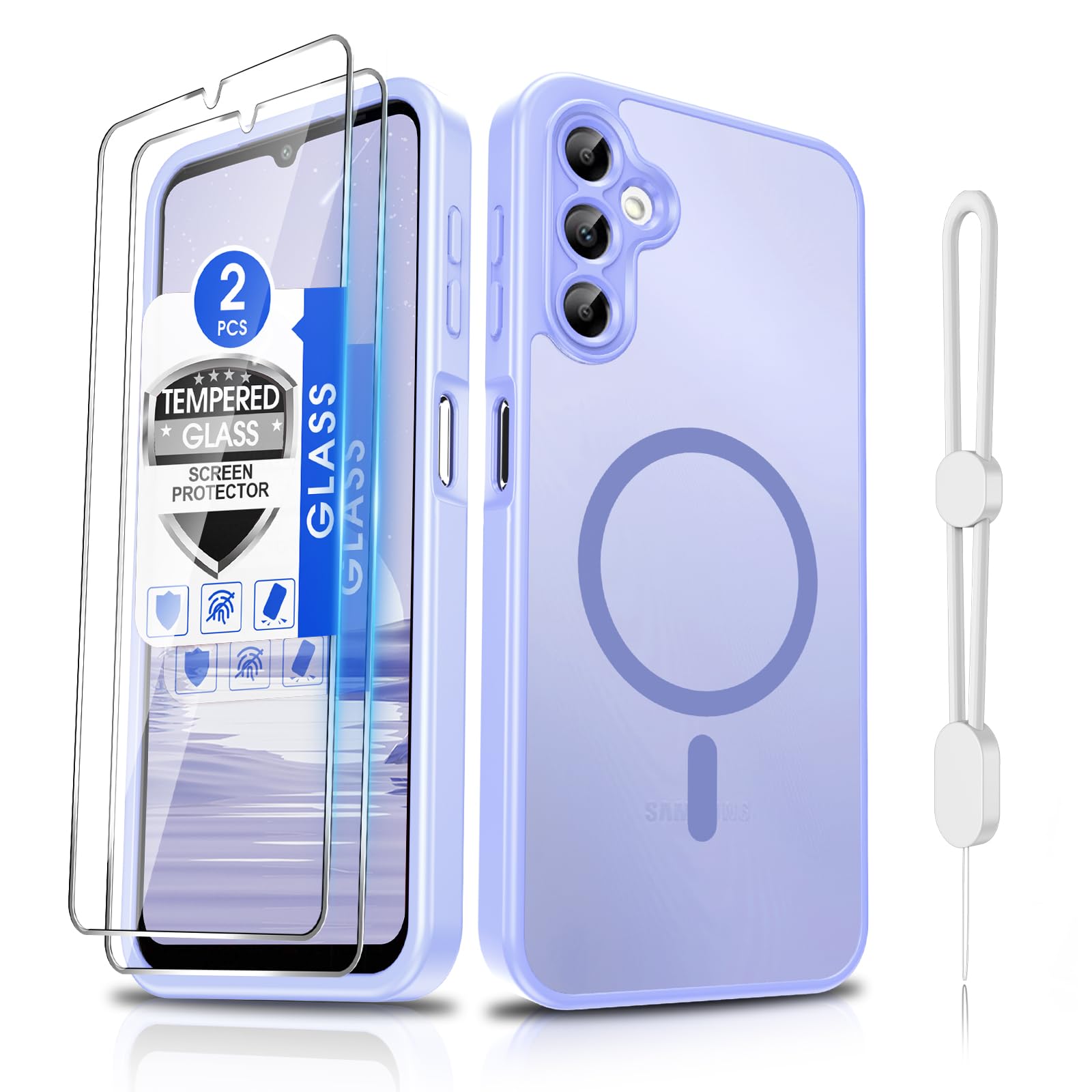 Dizn for Samsung Galaxy A14 Cover: A14 Phone Case with Tempered Glass Screen Protector,Compatible with MagSafe Wireless Charging,Matte Translucent &amp; [Military-Grade] Shockproof for A14,Light Purple