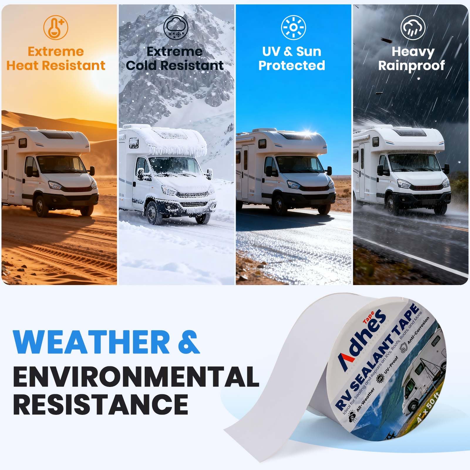 ADHES Cinta adhesiva para caravana blanca, 100 mm x 15 m, cinta impermeable para caravana, de goma butílica, para RV, autocaravana, autoadhesiva, para ventanas, techo, caravana, tubería