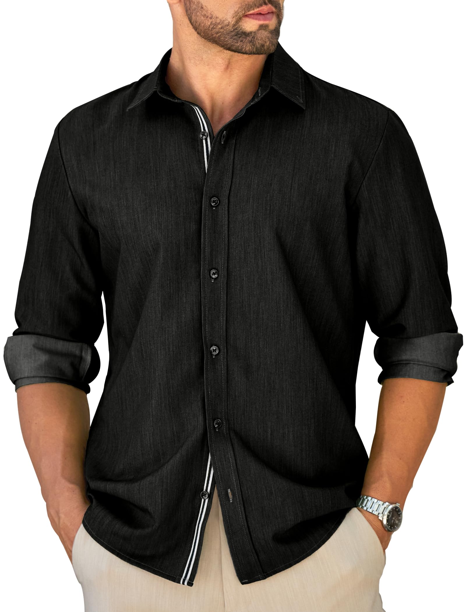 Mens Untucked Dress Shirt Button Down Stretch Lightweight Denim Texture | Modern untucked fit with a clean straight hem, perfect for polished business casual outfits and everyday wear