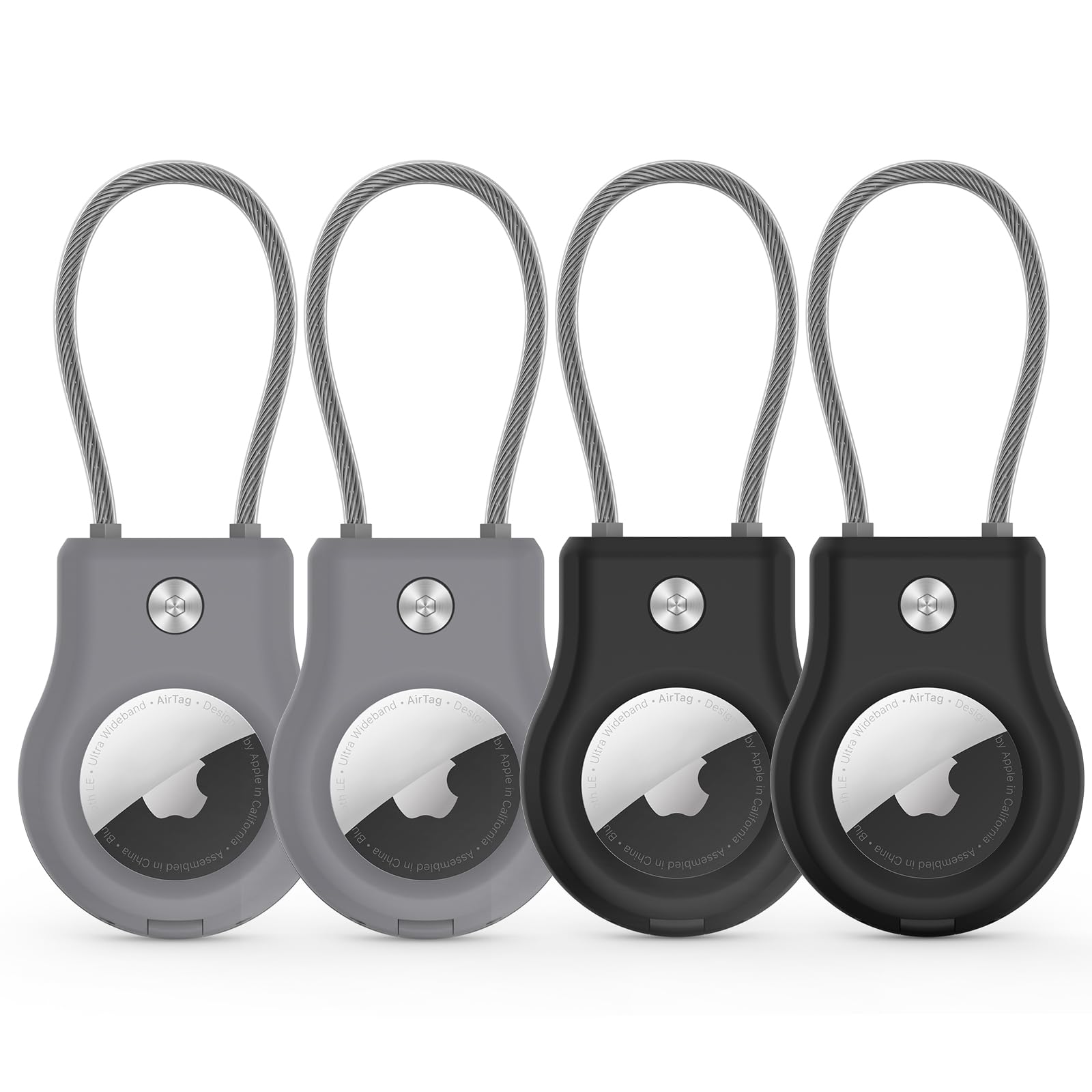 AirTag Keychain Holder - (4 Pack) Airtag Lock Case with Wire Cable Compatible with Apple AirTags,Ultra Durable Anti-Lost Protective Case with Keyring for Luggage, Key, Backpack, Pet, Bag Black/Grey