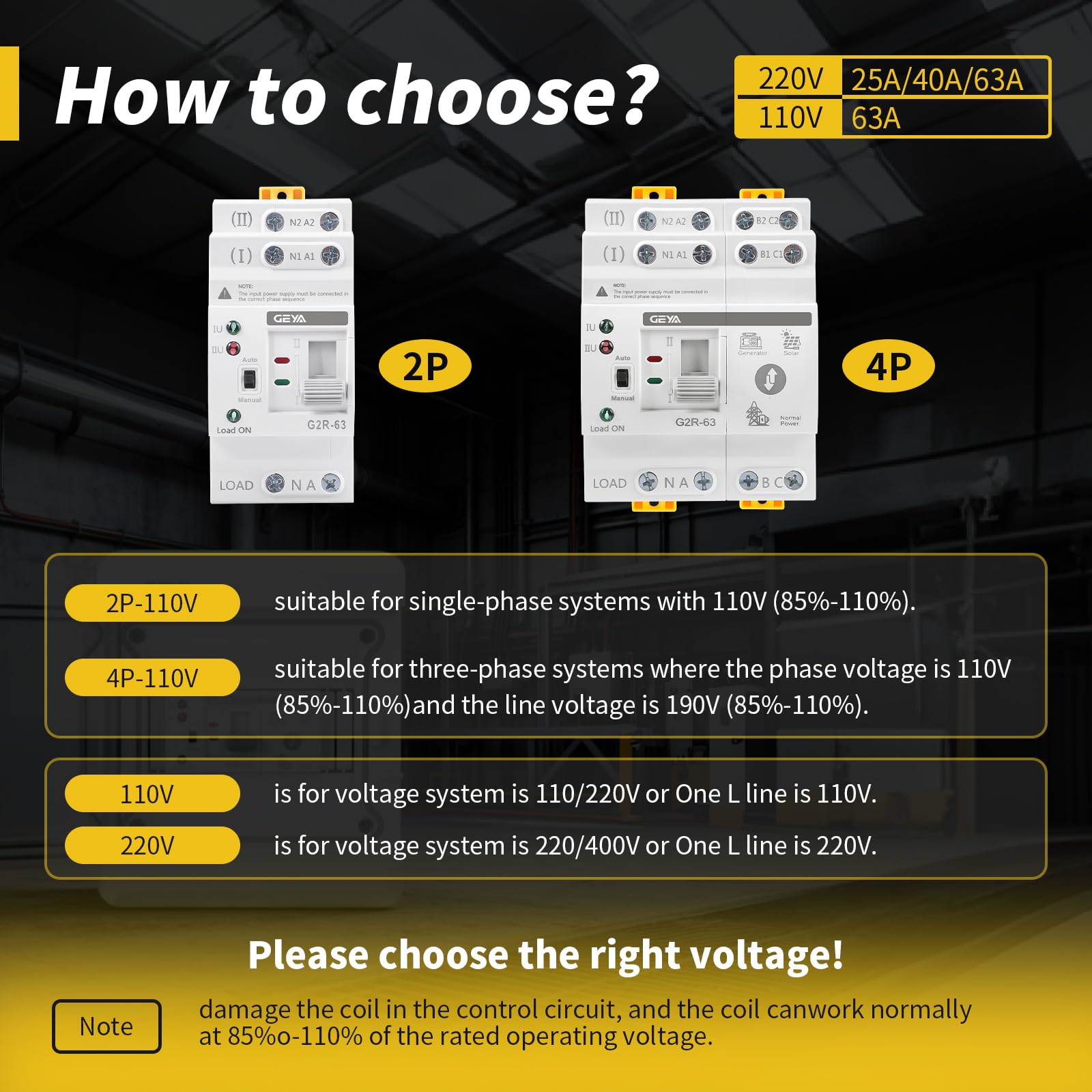 GEYA Mini ATS Automatischer und manueller Doppelstrom-Umschalter, Solar-Automatikschalter mit Über- und Unterspannungsschutz, DIN-Schienenmontage 4P 63A AC220V